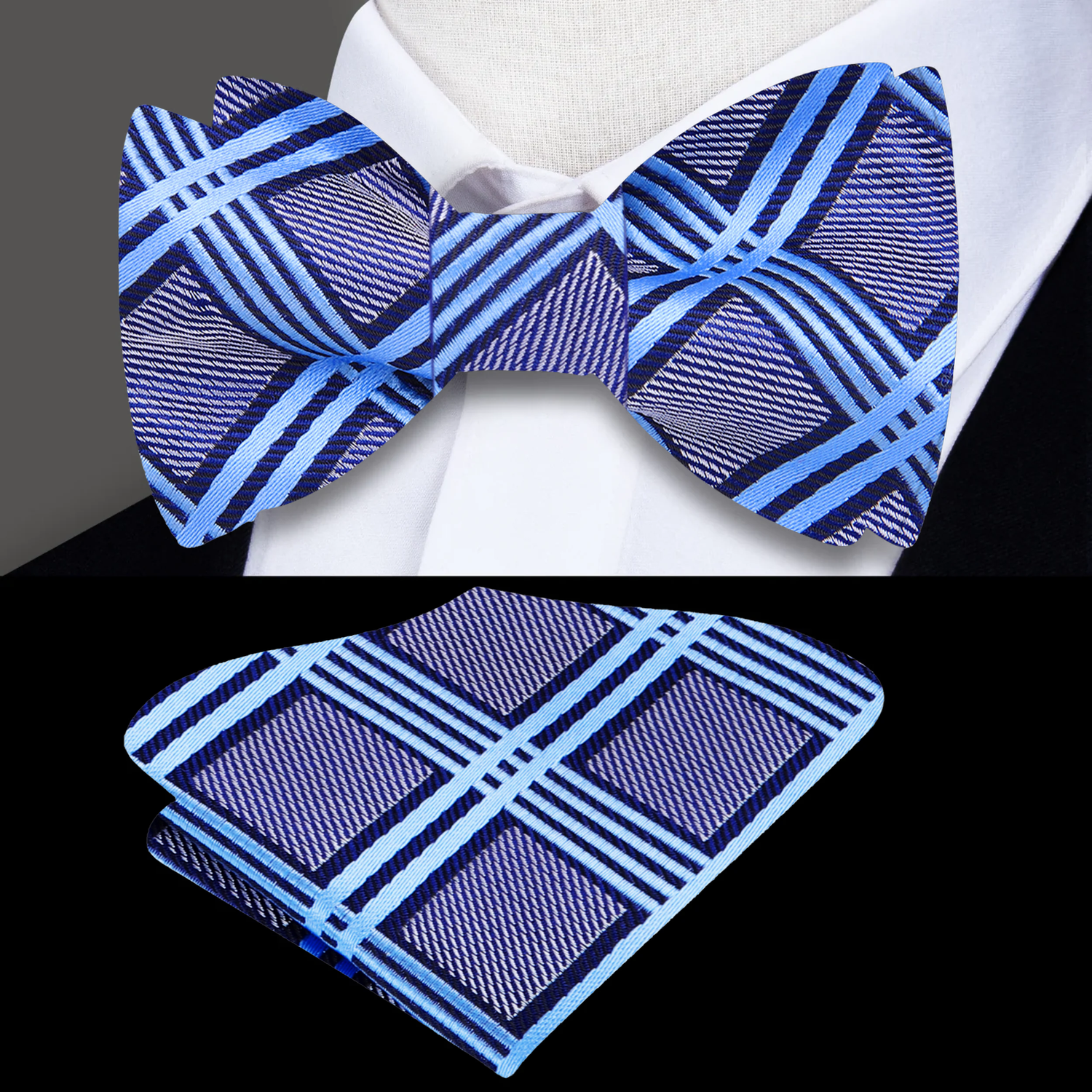 Grey, Blue Plaid Bow Tie and Square