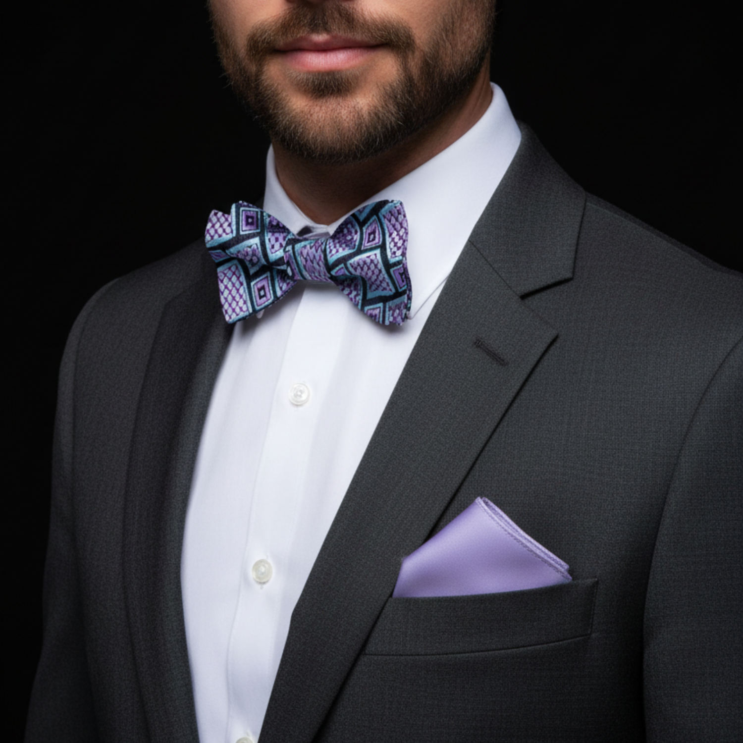 Grey, Purple Geometric Big Blocks Bow Tie and Light Purple Square on man