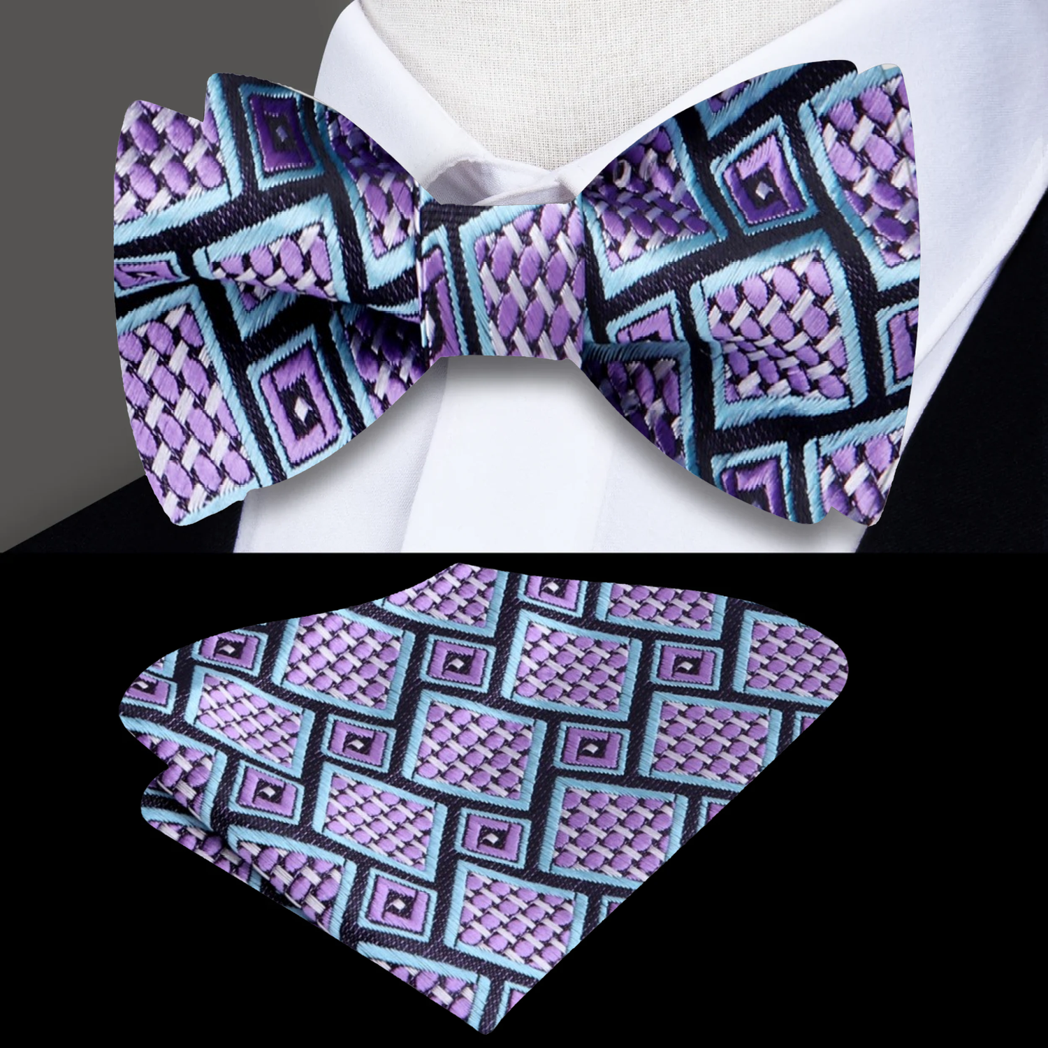 Grey, Light Blue, and Light Purple Geometric Self-Tie Bow Tie | Refined Modern Detail
