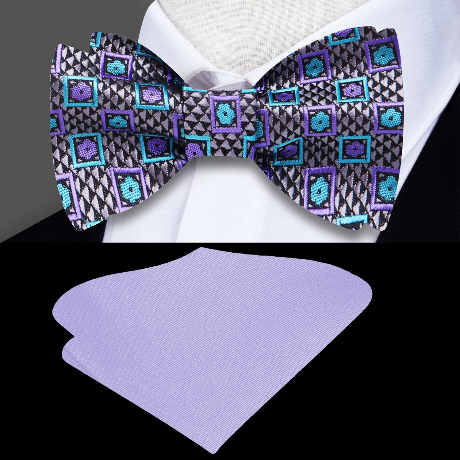 Grey, Purple, Teal Small Geometric Blocks Bow Tie and Light Purple Pocket Square