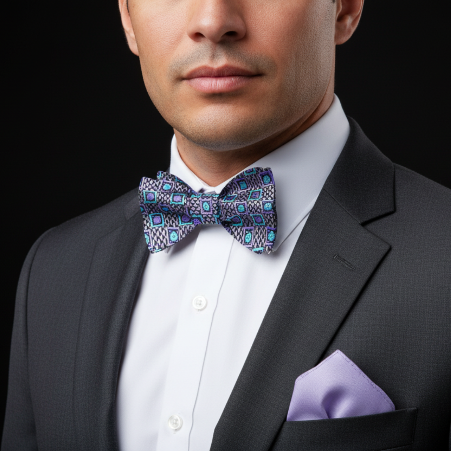 Man wearing a dark suit with a patterned bow tie and matching pocket square on a black background