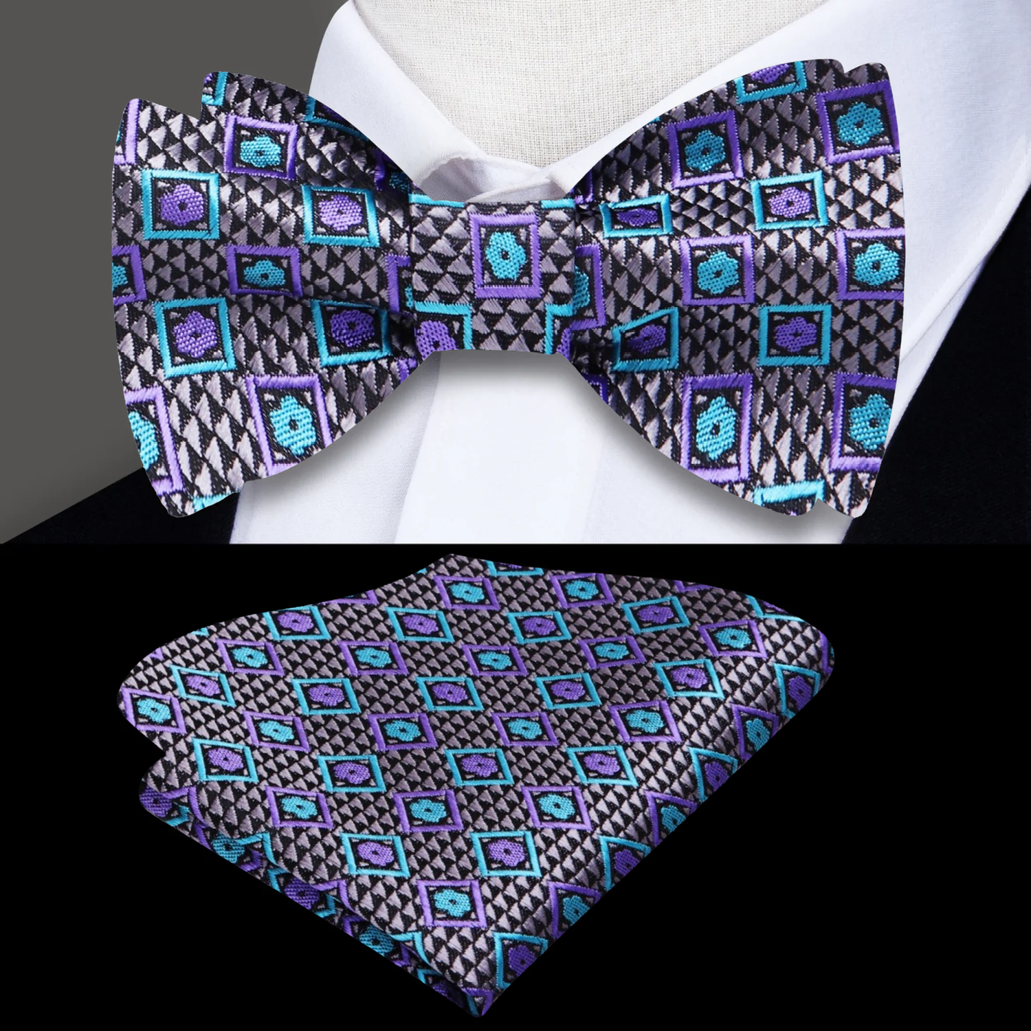 Grey, Purple, Teal Small Geometric Blocks Bow Tie and Pocket Square
