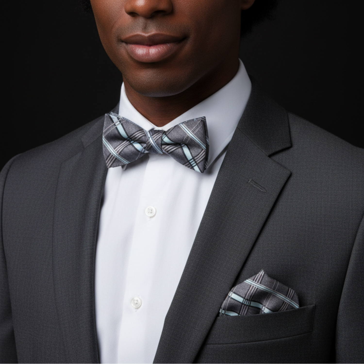 Man wearing a gray suit with a patterned bow tie and pocket square on a black background