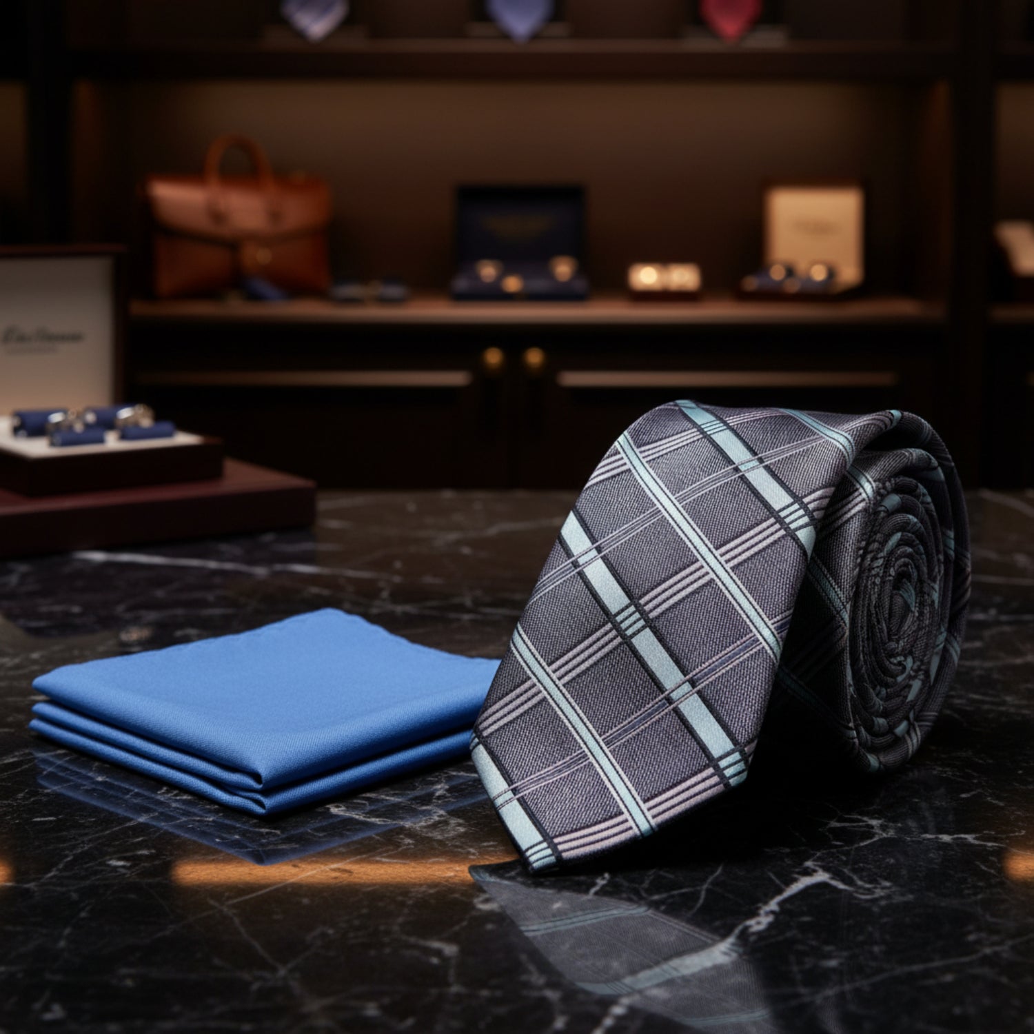 Plaid tie and blue pocket square on a white background