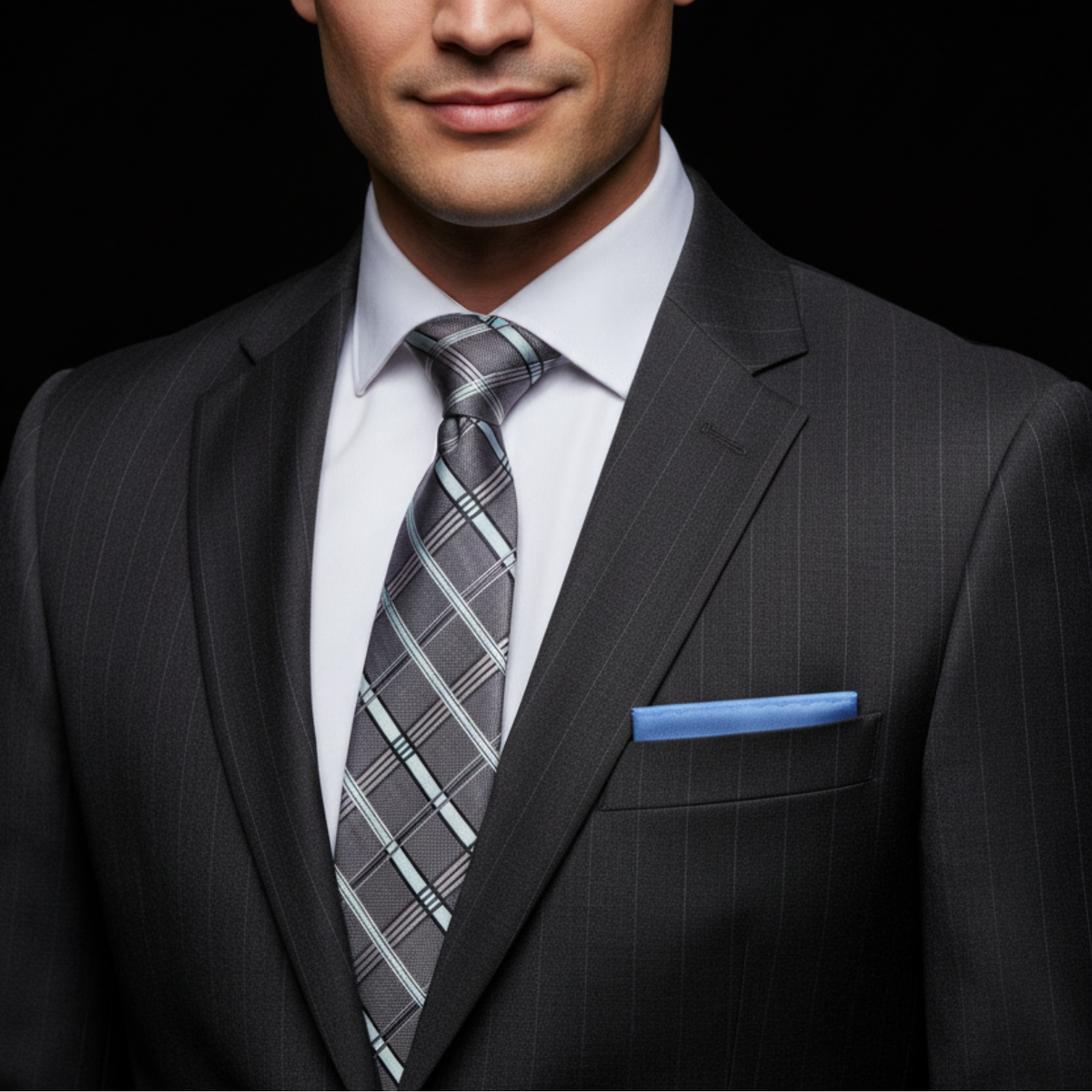 Man wearing a dark pinstripe suit with a gray plaid tie and blue handkerchief on a black background