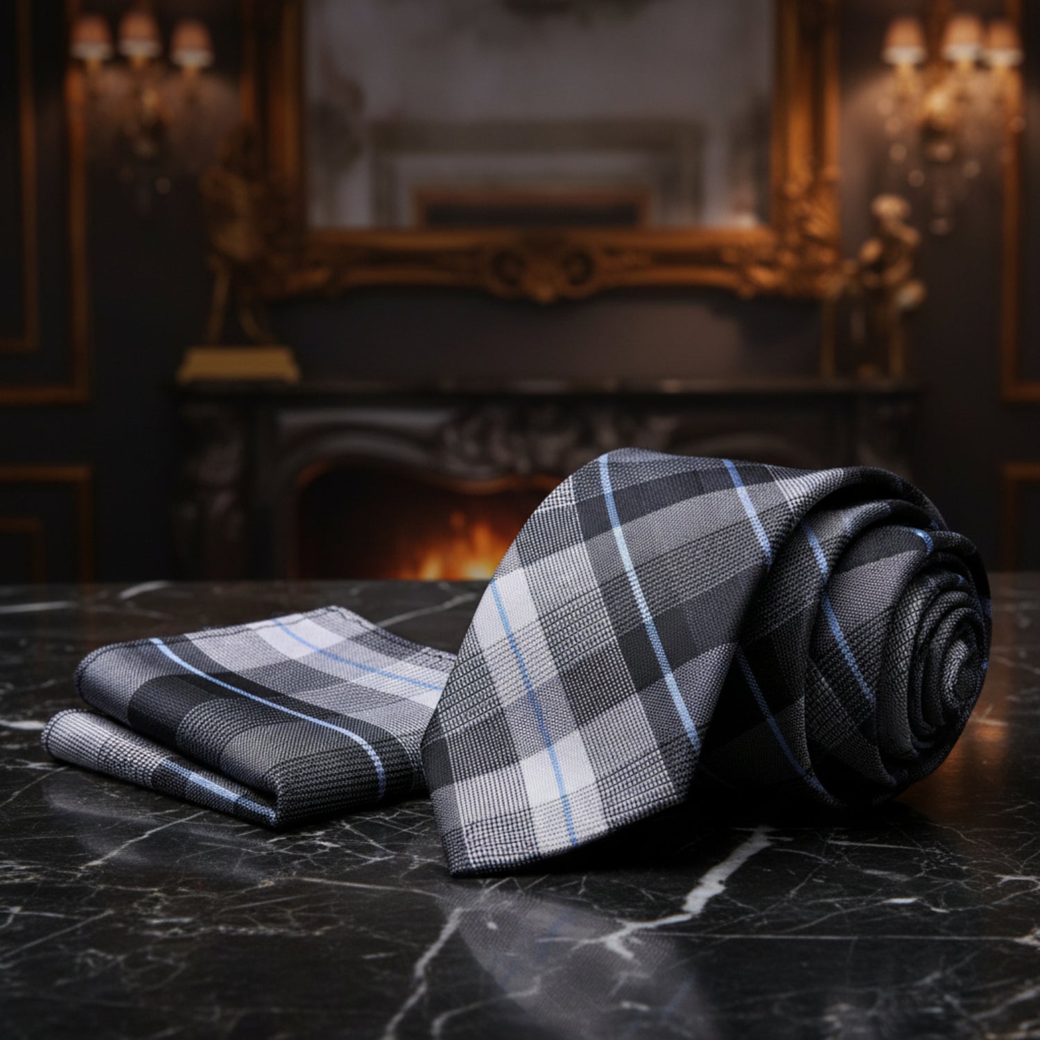 grey plaid tie and pocket square