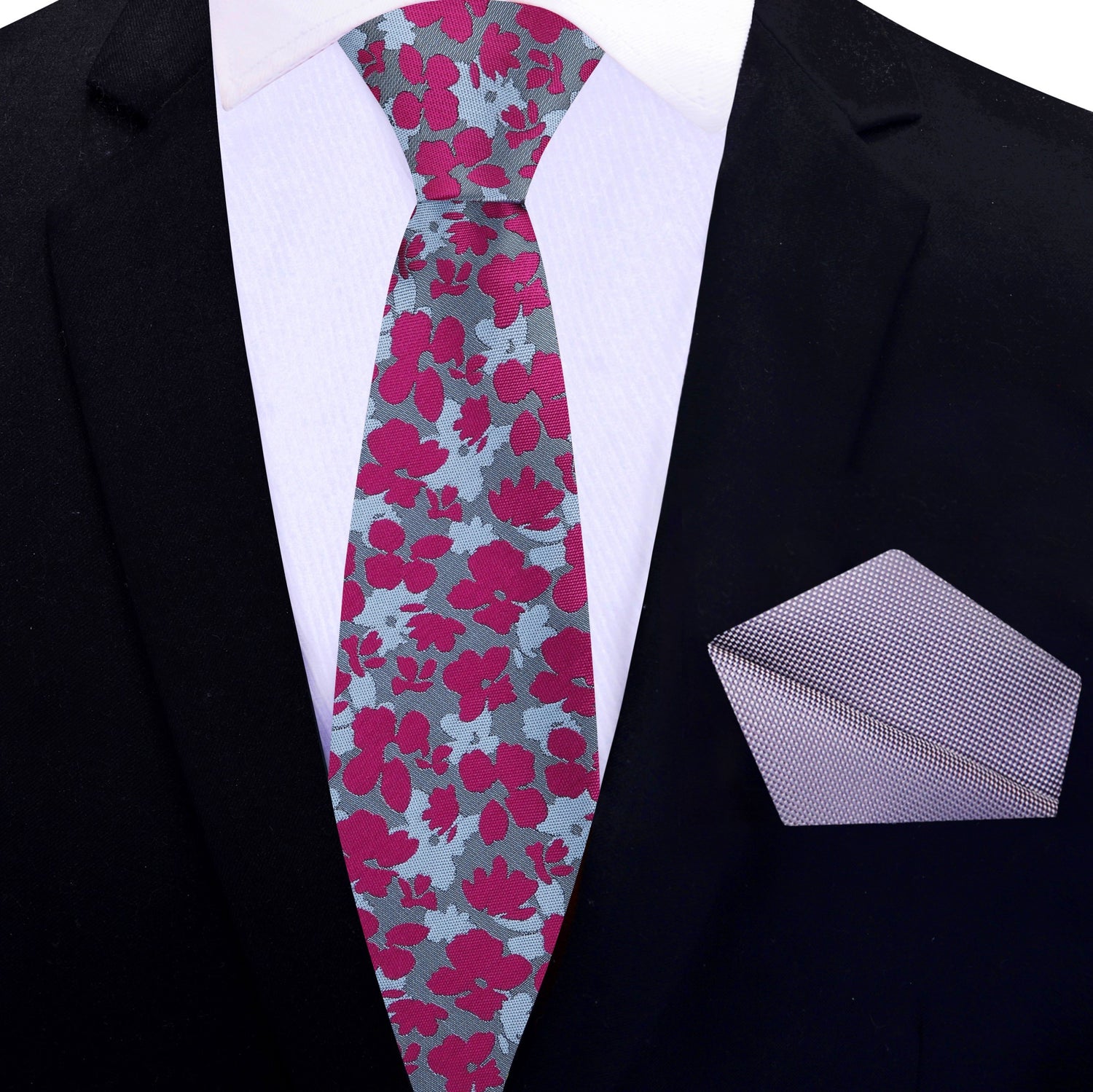 Reddish Pink and Shades of Grey Flowers Thin Necktie With Solid Grey Pocket Square