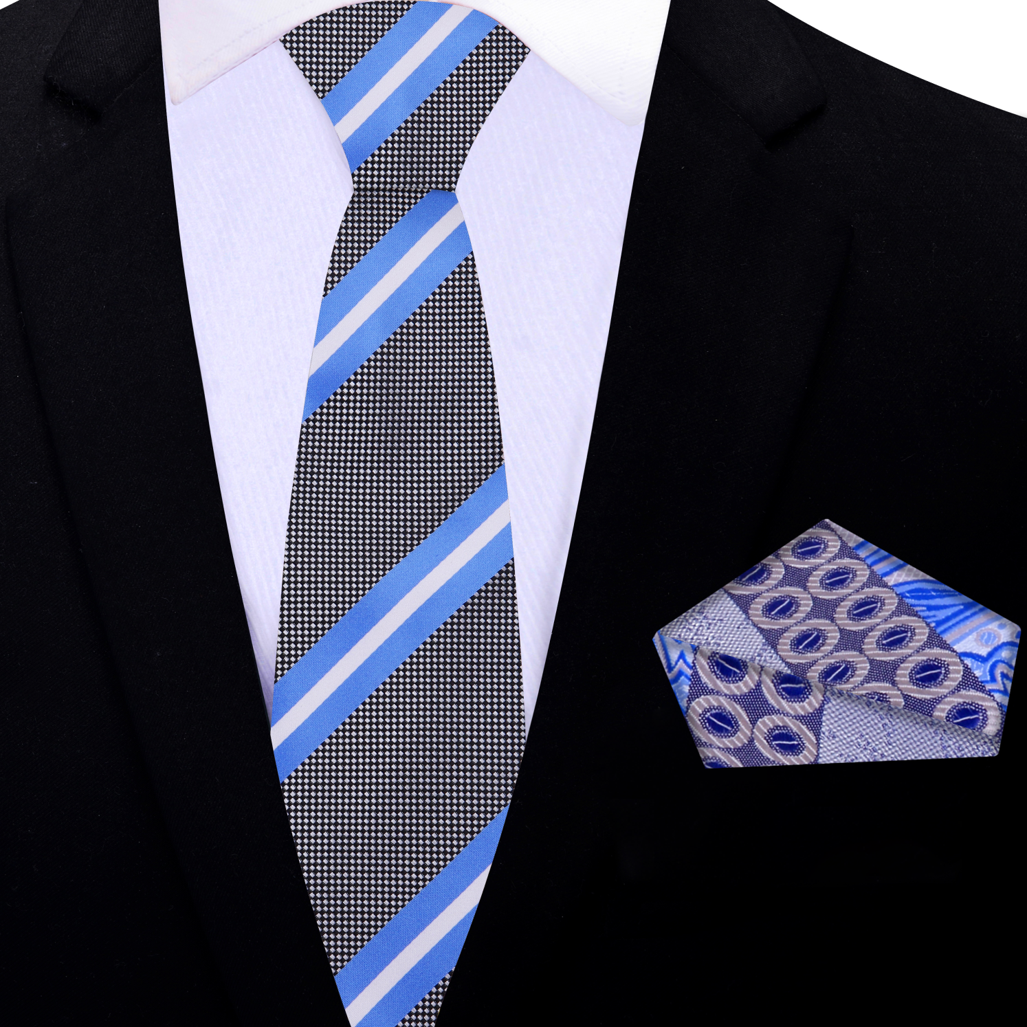 Thin Grey, Blue, White Stripe Necktie and Accenting Square