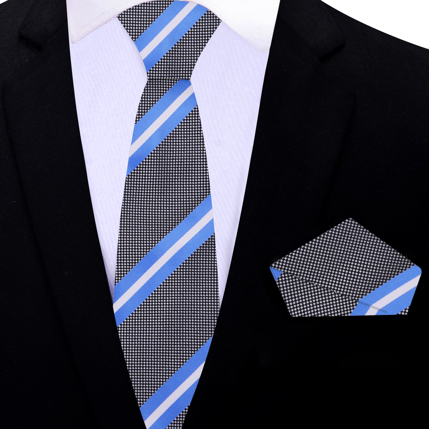 Thin Grey, Blue, White Stripe Necktie and Matching Square