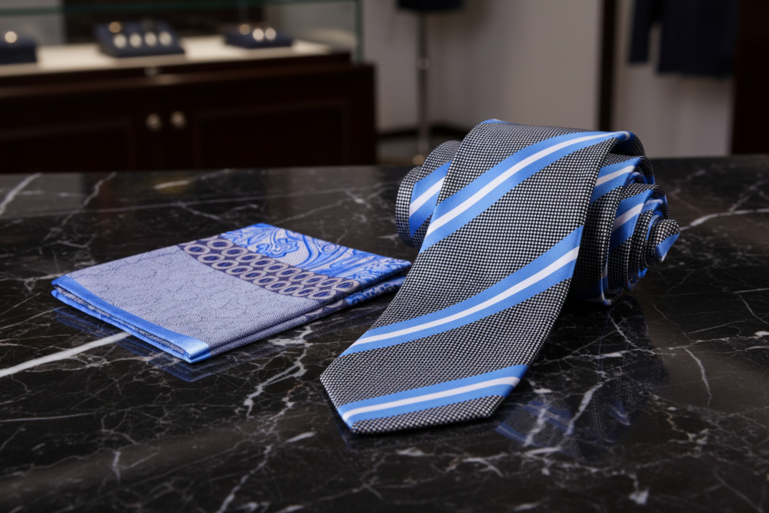 Alt Grey, Blue, White Stripe Necktie and Accenting Square