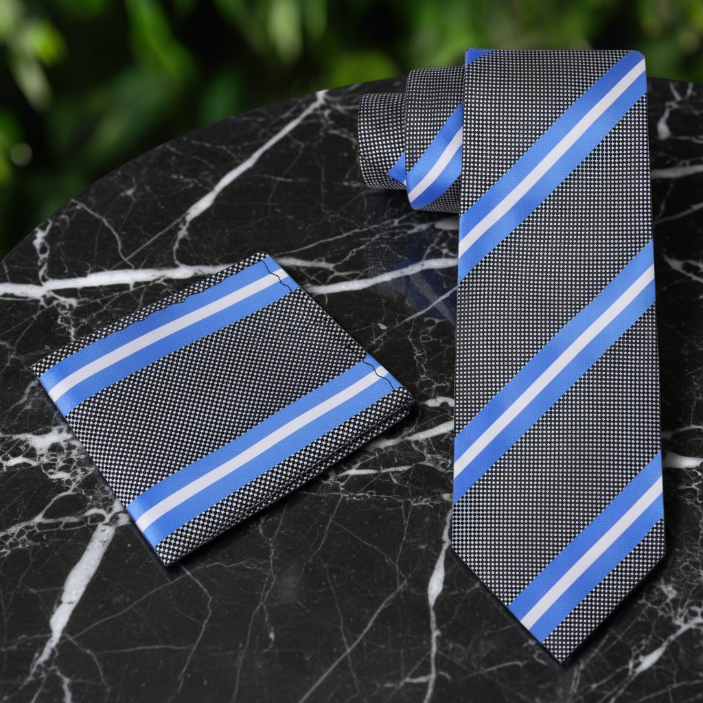 Alt Grey, Blue, White Stripe Necktie and Matching Square