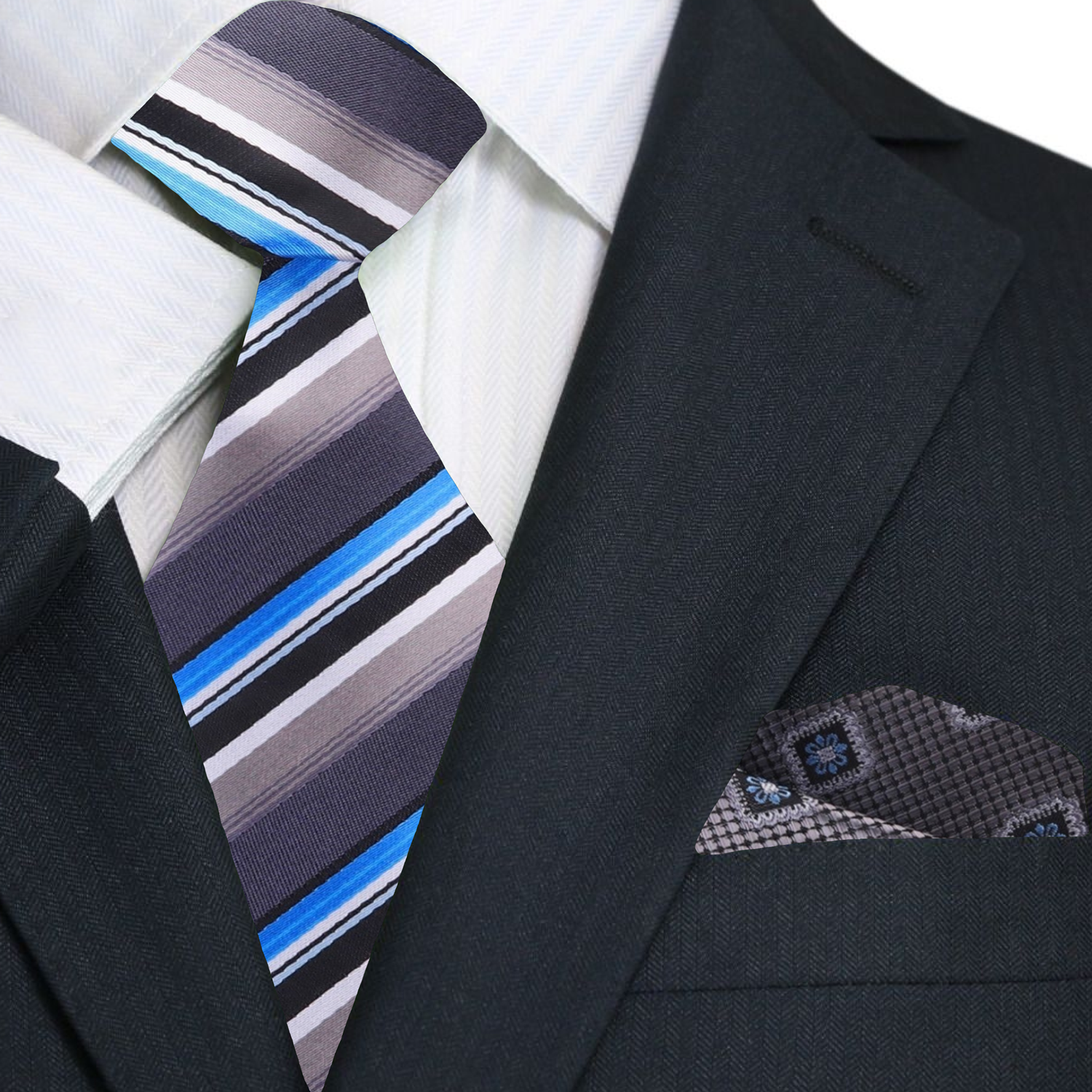 Premium Grey, Brown, Black, Blue, White Stripe Necktie and Grey, Blue Burst Square