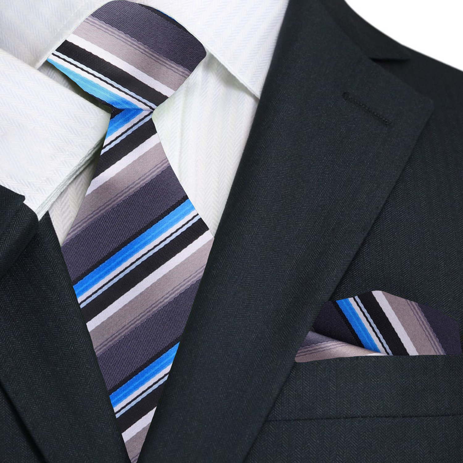 Premium Grey, Brown, Black, Blue, White Stripe Necktie and Matching Square