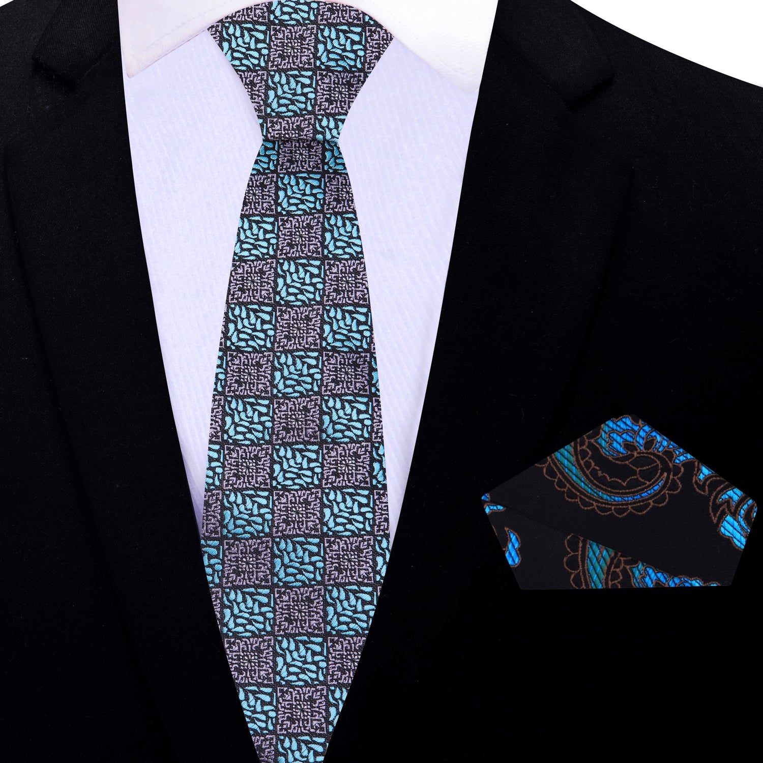 Thin Tie: Grey, Light Blue Geometric Necktie and Black, Light Blue Paisley Square