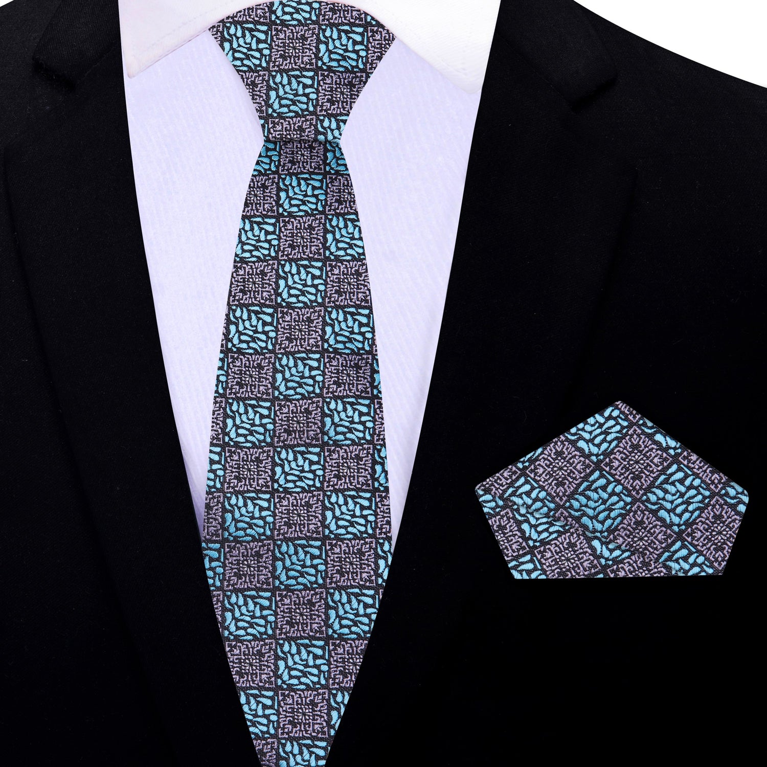 Thin Tie: Grey, Light Blue Geometric Necktie and Square