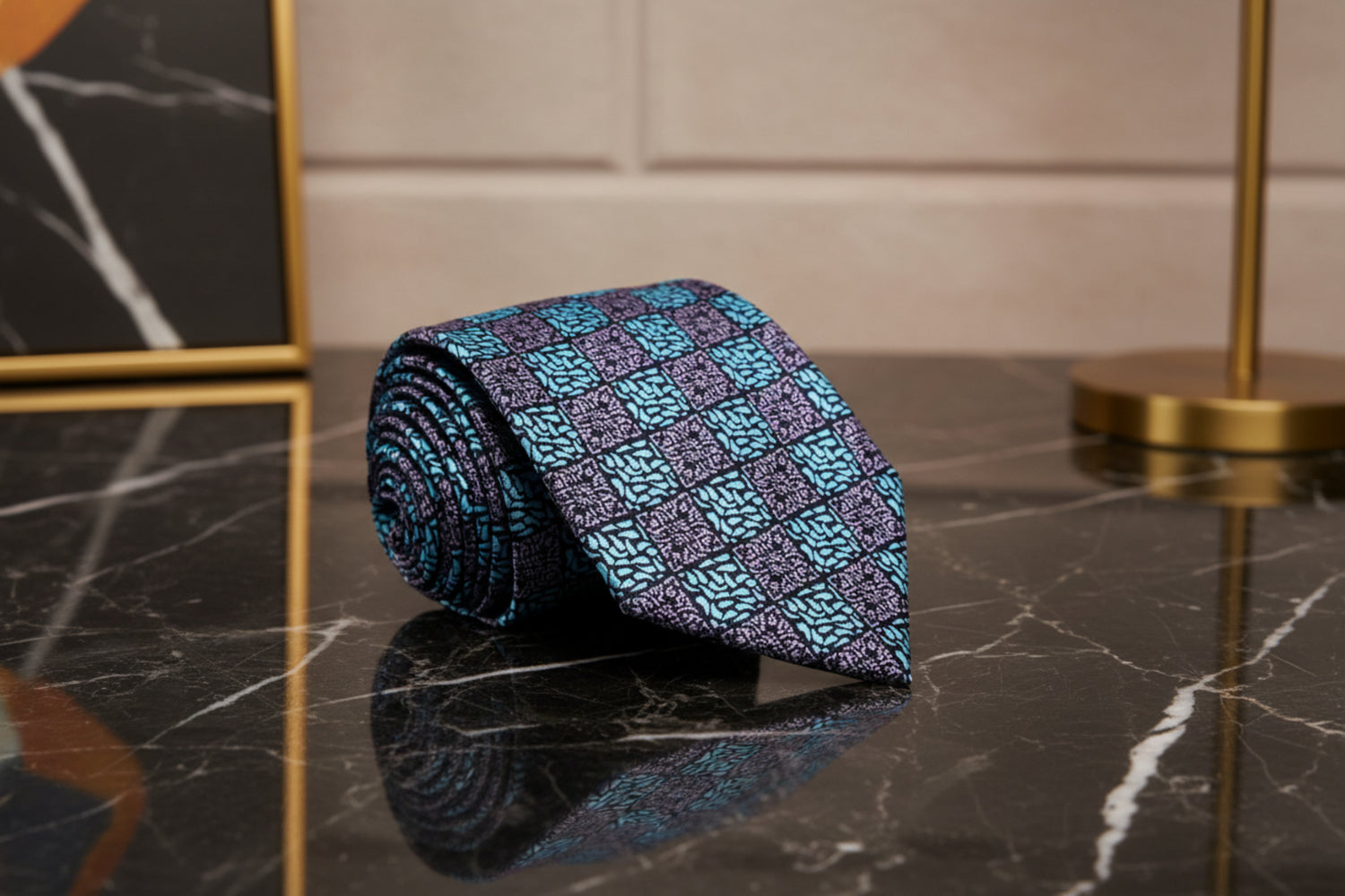 Grey, Light Blue Geometric Necktie  