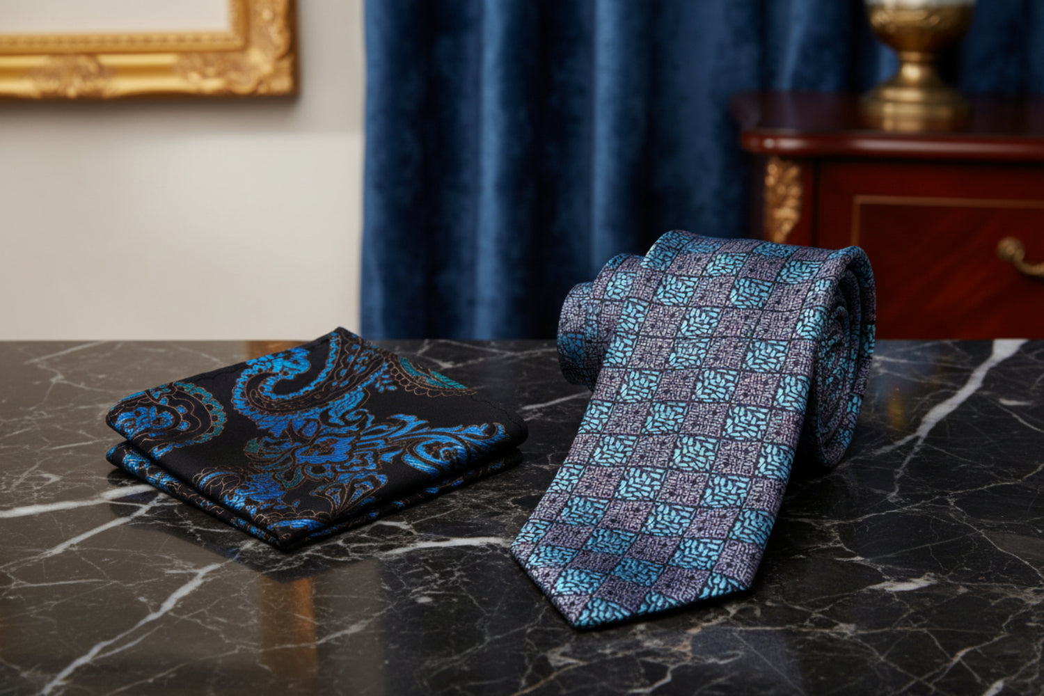 Alt View: Grey, Light Blue Geometric Necktie and Black, Light Blue Paisley Square