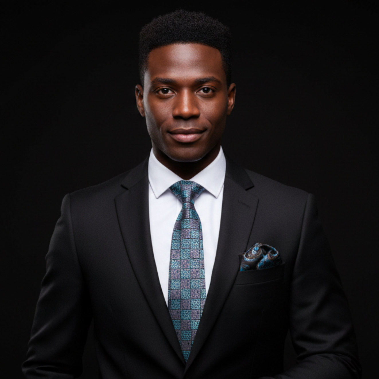 Man wearing a black suit with a patterned tie against a dark background