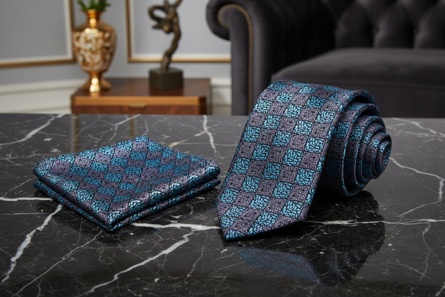 Alt View: Grey, Light Blue Geometric Necktie and Square