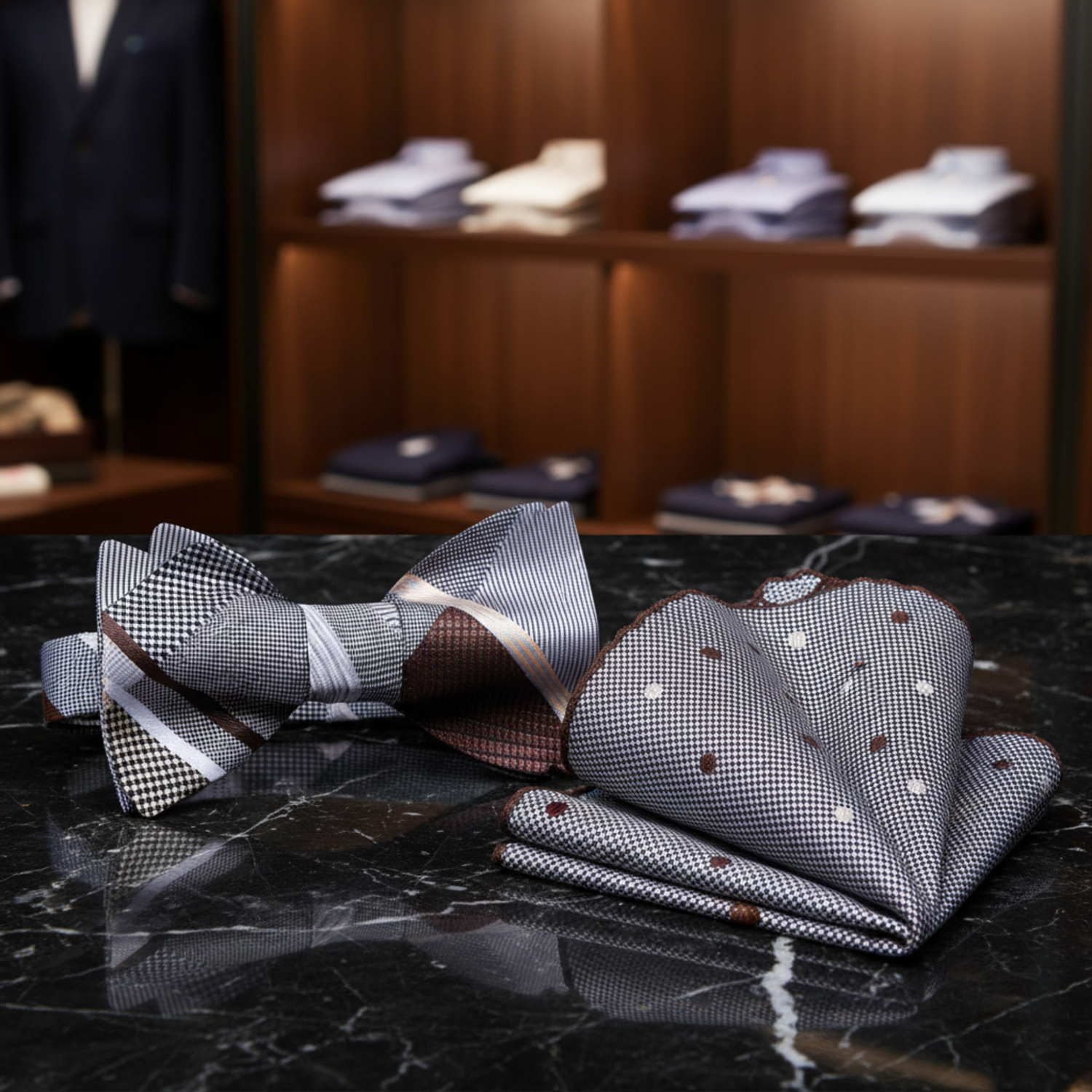 Grey, Brown Geometric Bow Tie and Accenting Square