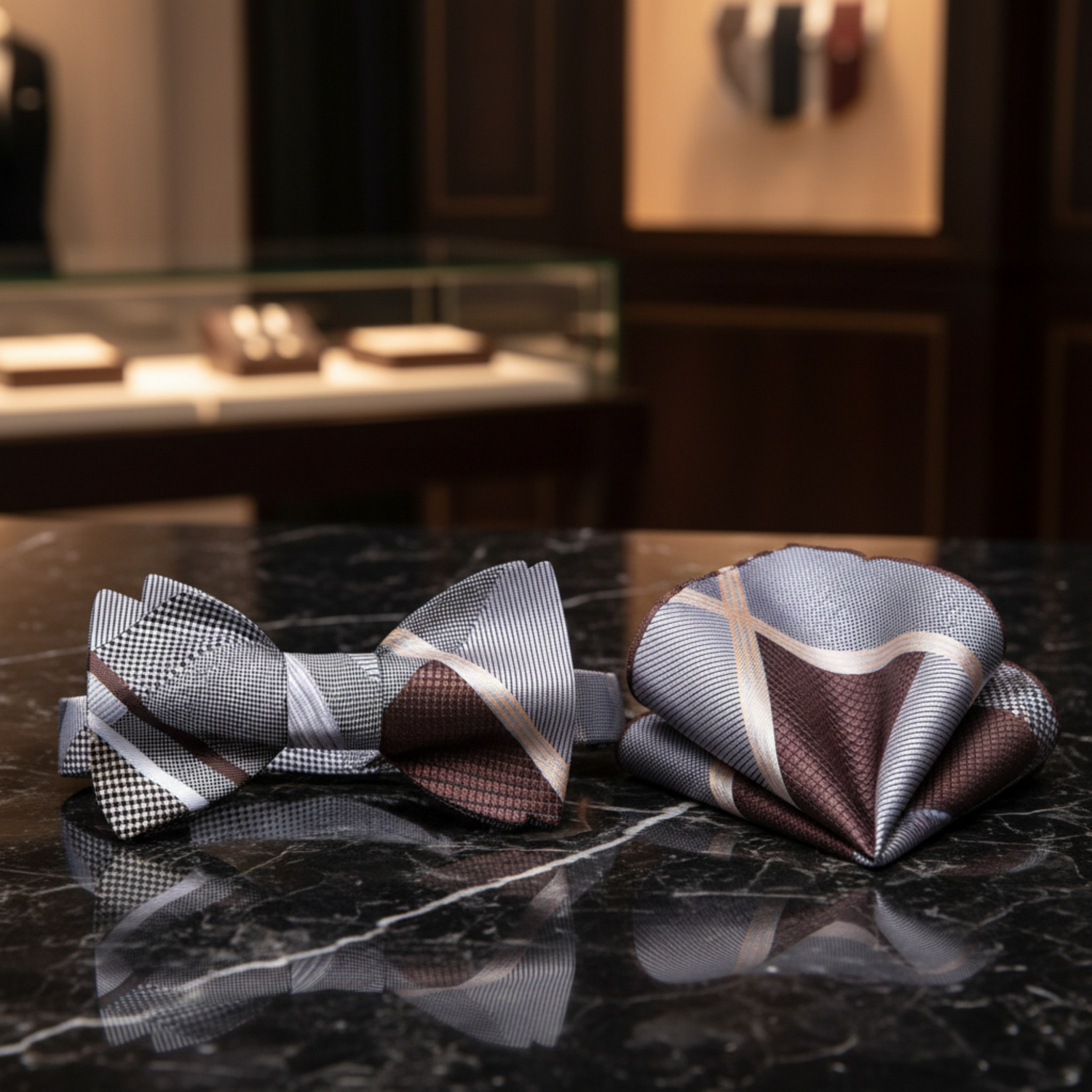 Grey, Brown Geometric Bow Tie and  Square