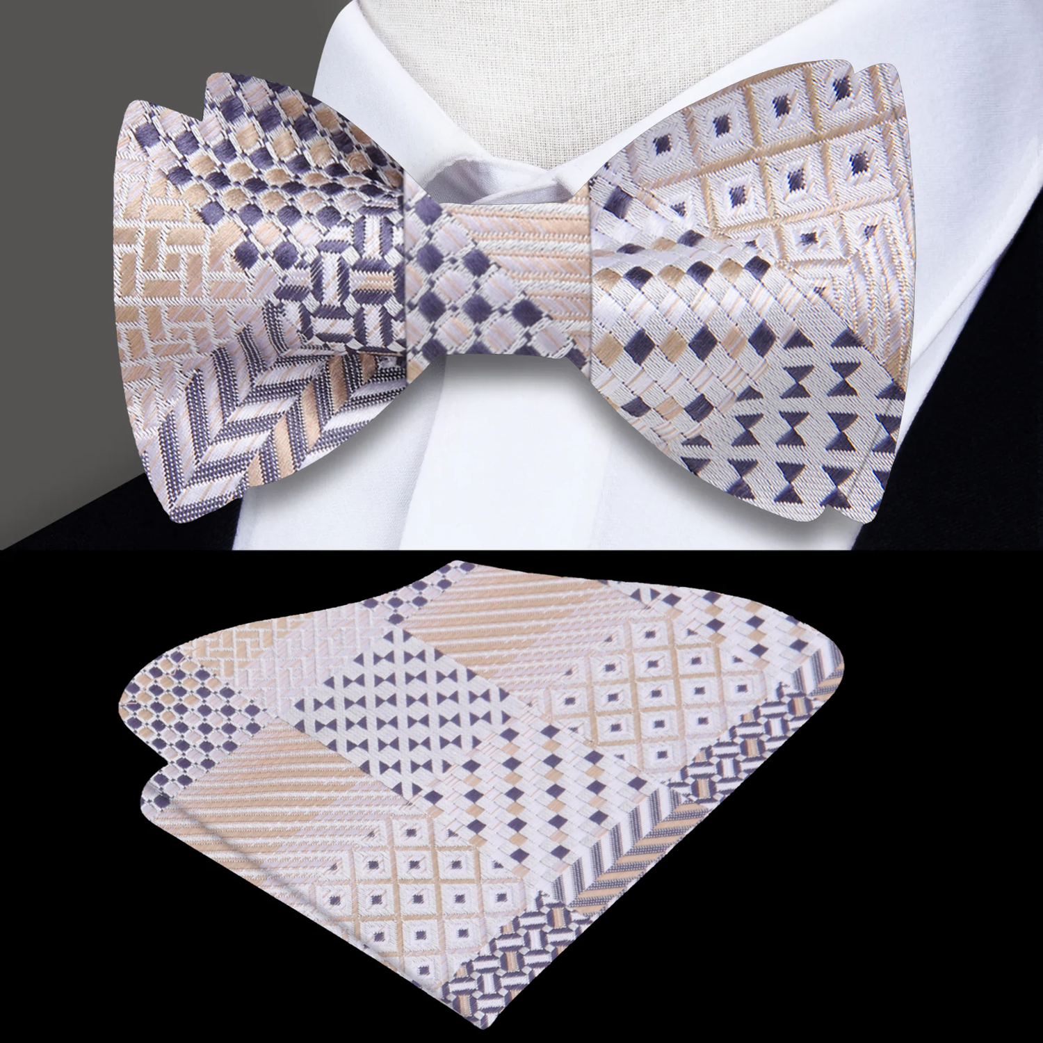 Grey Plaid Bow Tie and Square