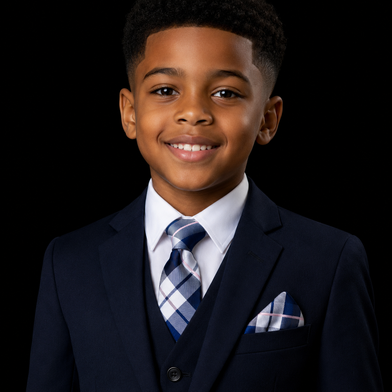 A young boy smiling in a navy blue three-piece suit with a white shirt, a blue and white plaid tie, and a matching plaid pocket square, set against a solid black background.