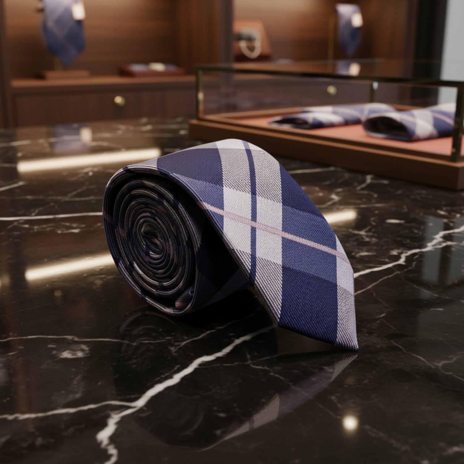 A rolled necktie with a blue, white, and gray plaid pattern, displayed on a clean white background.