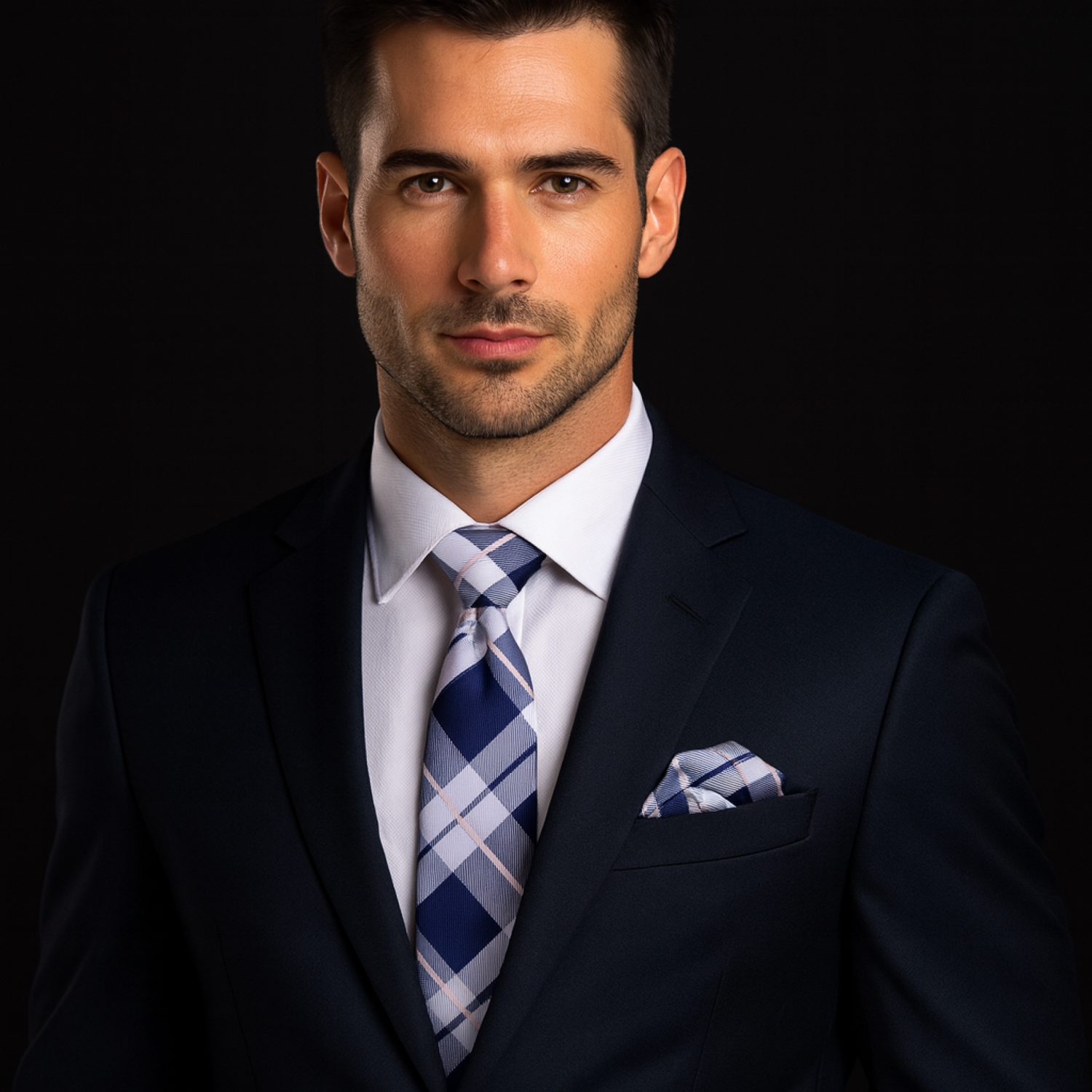 Man wearing a dark suit with a Grey and Dark Blue Plaid Tie against a black background