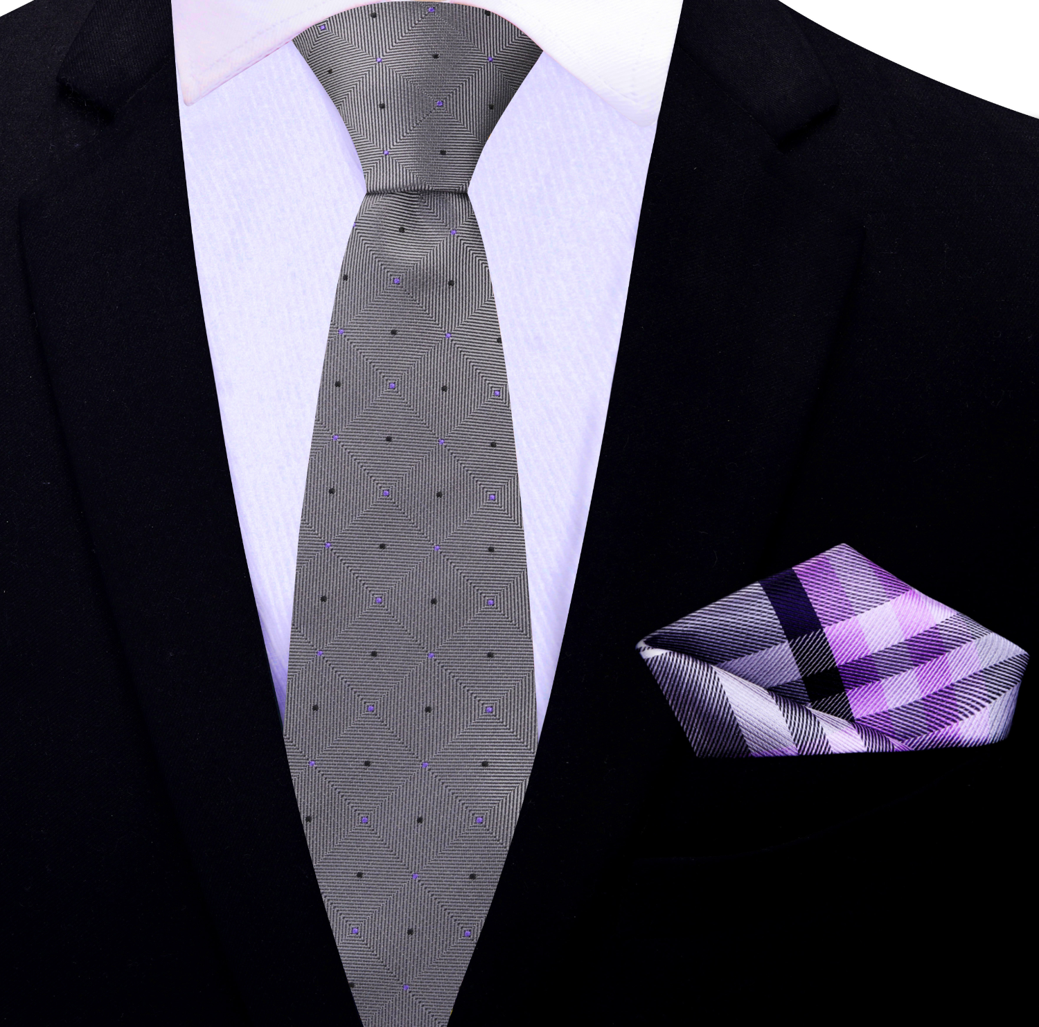 Thin Tie: Grey Black Purple Geometric Tie and Purple Plaid Square