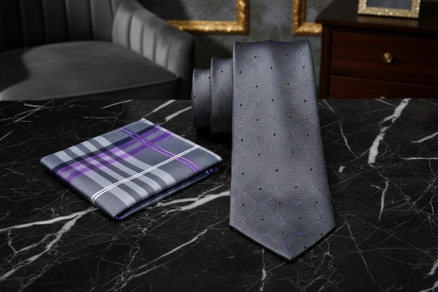 Alt View: Grey Black Purple Geometric Tie and Purple Plaid Square