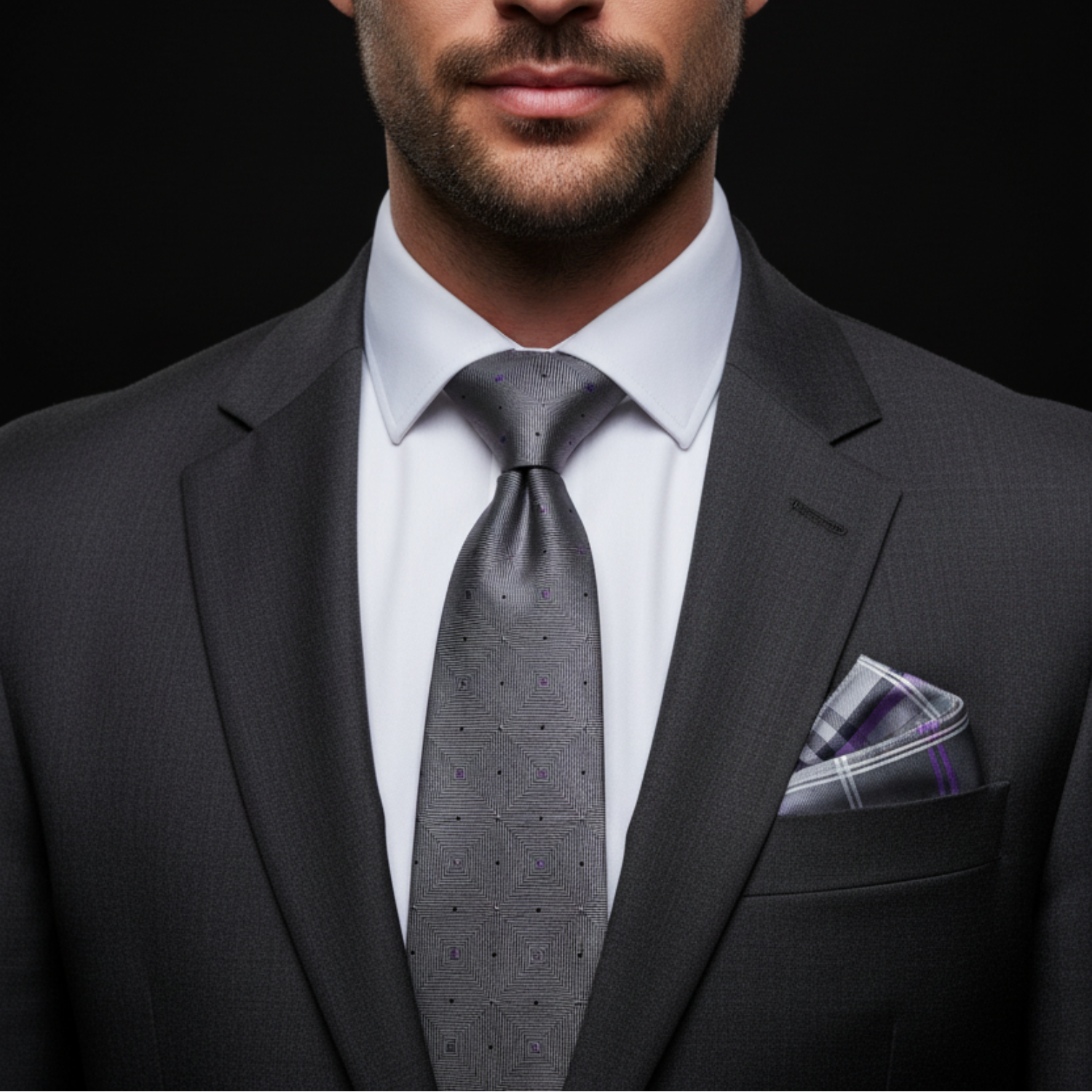 Man wearing a gray suit with a patterned tie and pocket square on a black background