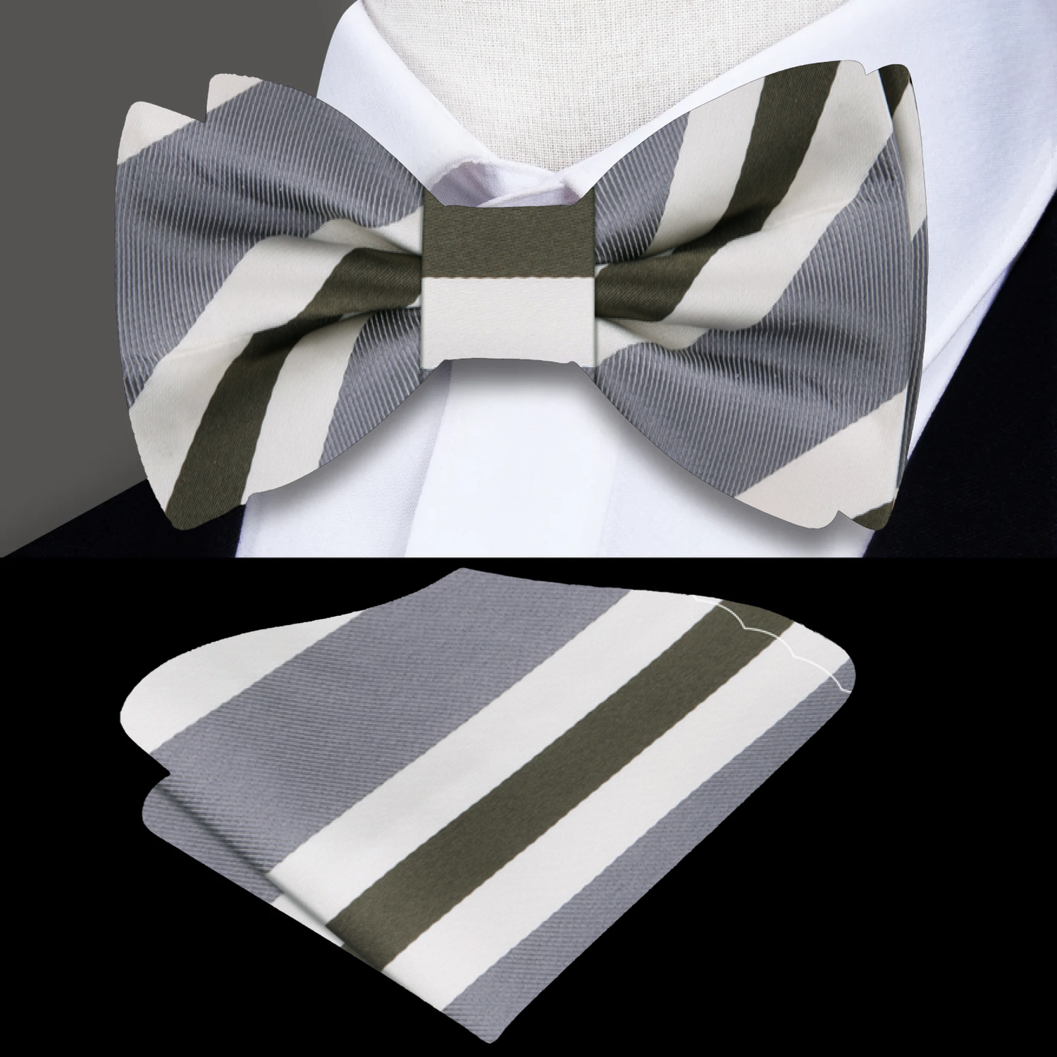 White, Olive, Grey Stripe Bow Tie and Square