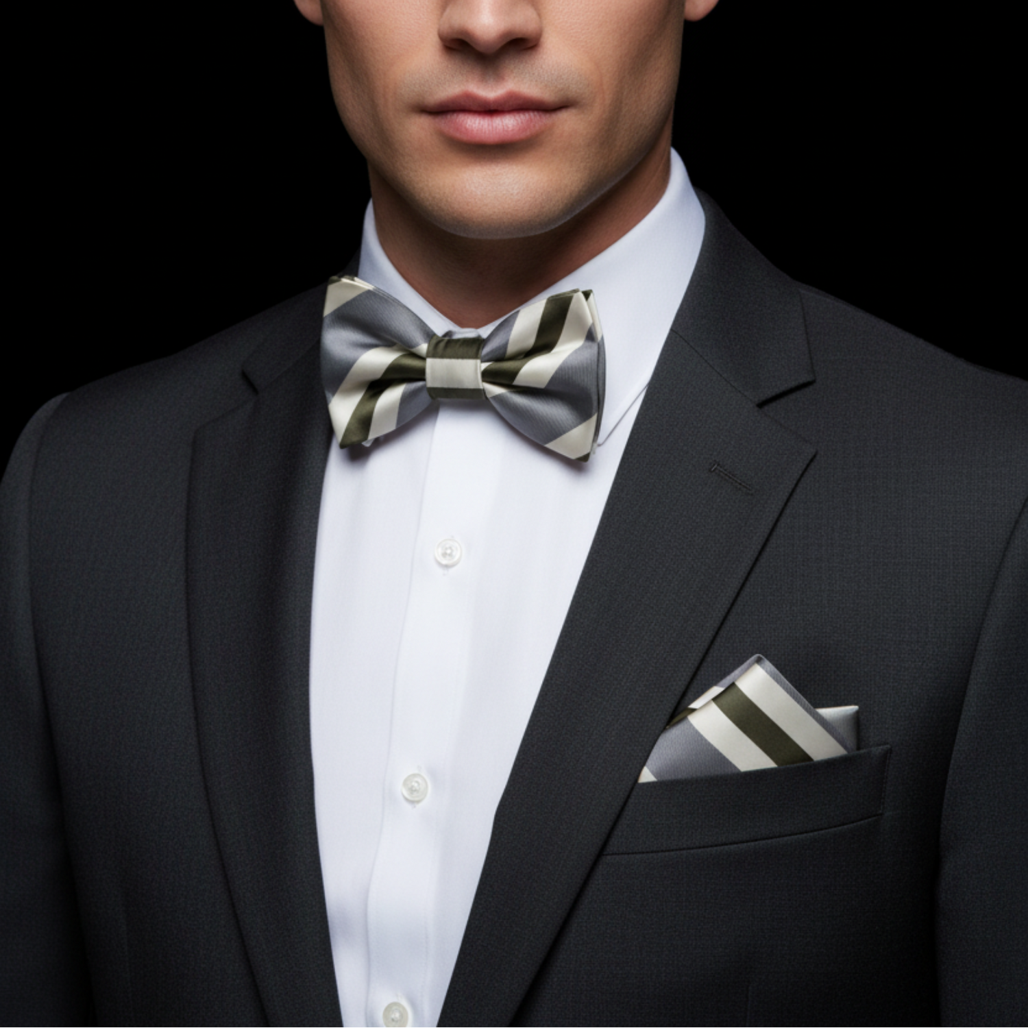 Off White, Olive Green and Grey Stripe Bow Tie and Square on Man