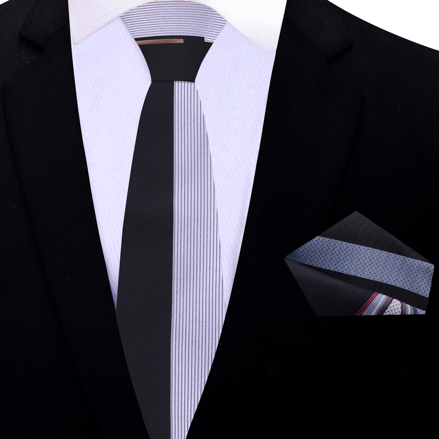 Thin Silver, Black Stripe Tie and Accenting Square