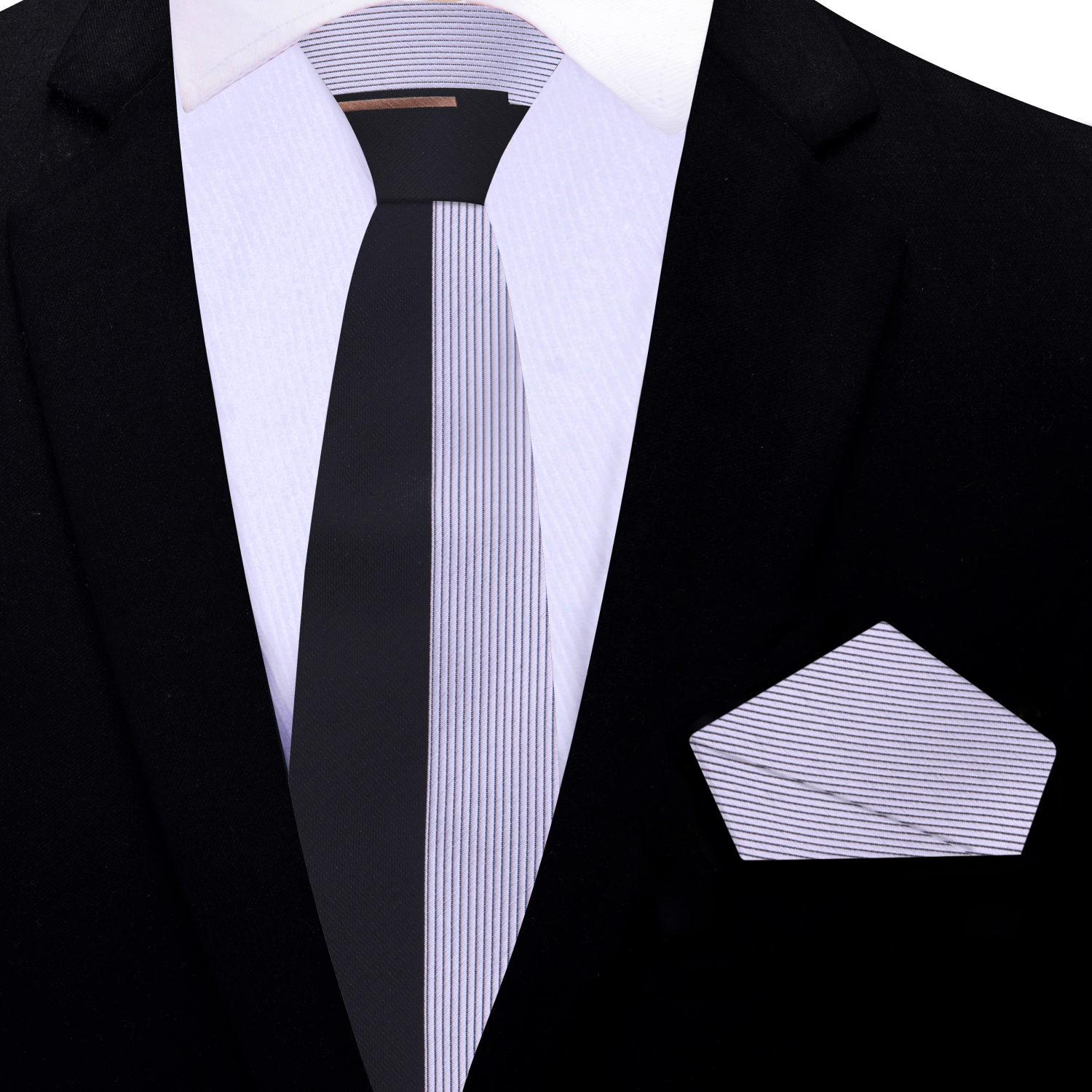 Thin Silver, Black Stripe Tie and Silver Square
