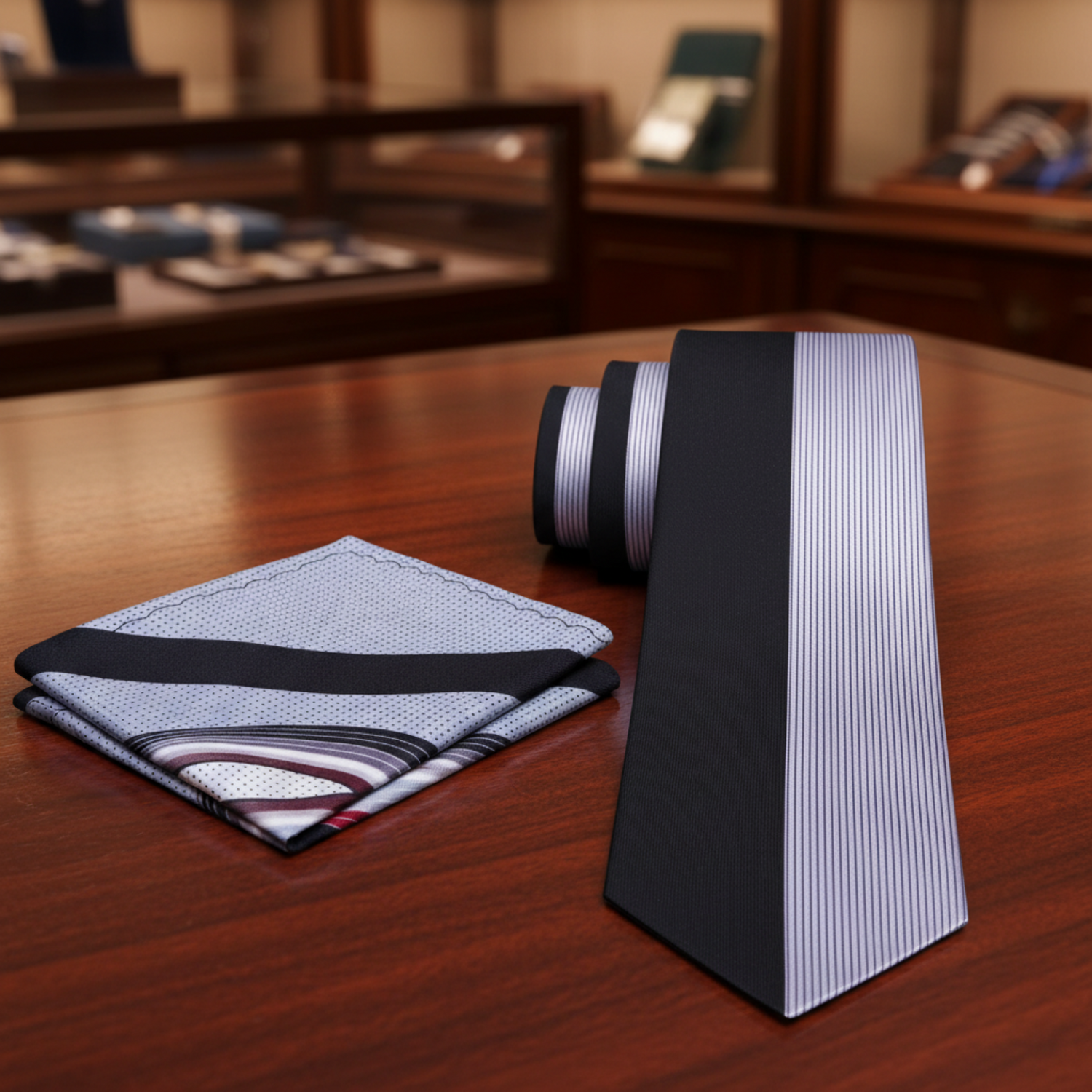 Silver, Black Stripe Tie and Accenting Square