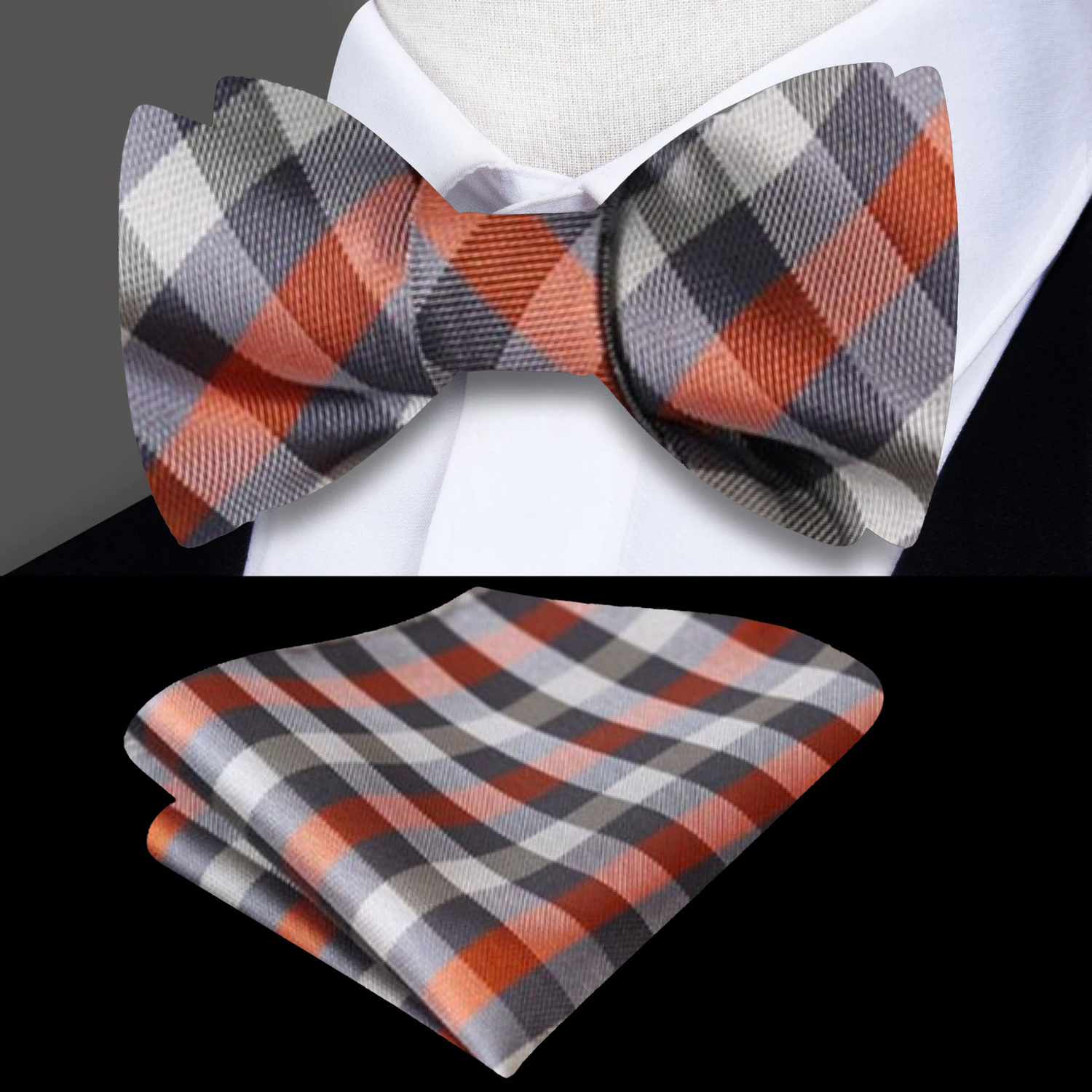 A multicolored geometric check pattern bow tie 