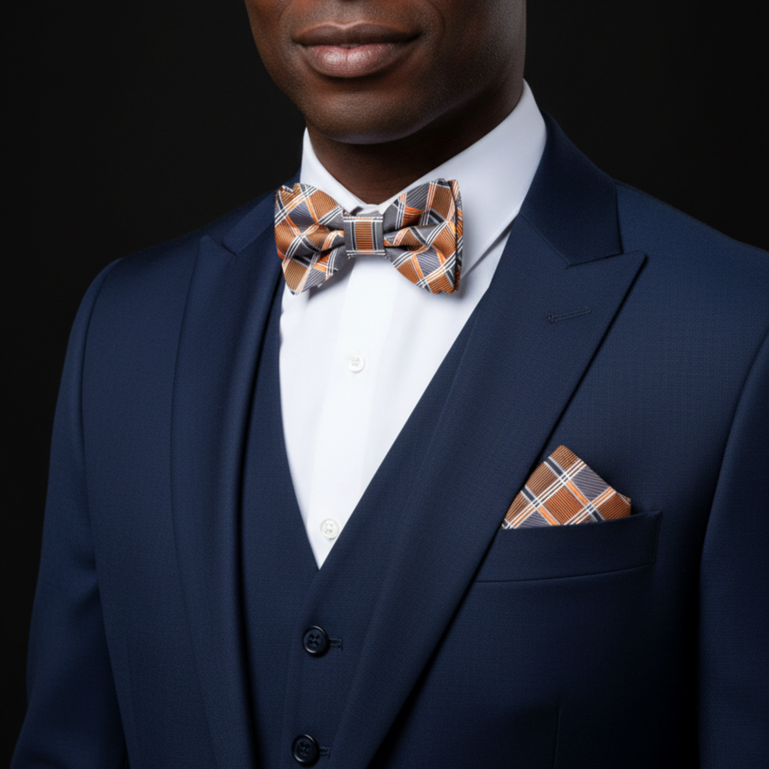 Man wearing a navy suit with a patterned bow tie and pocket square on a black background