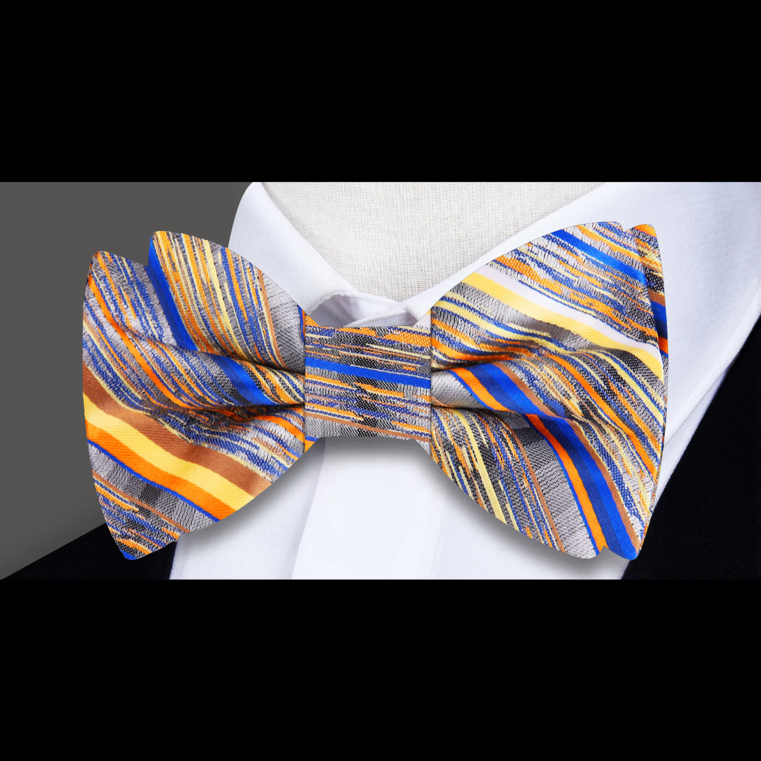 Blue, Grey & Gold Abstract Stripe Bow Tie