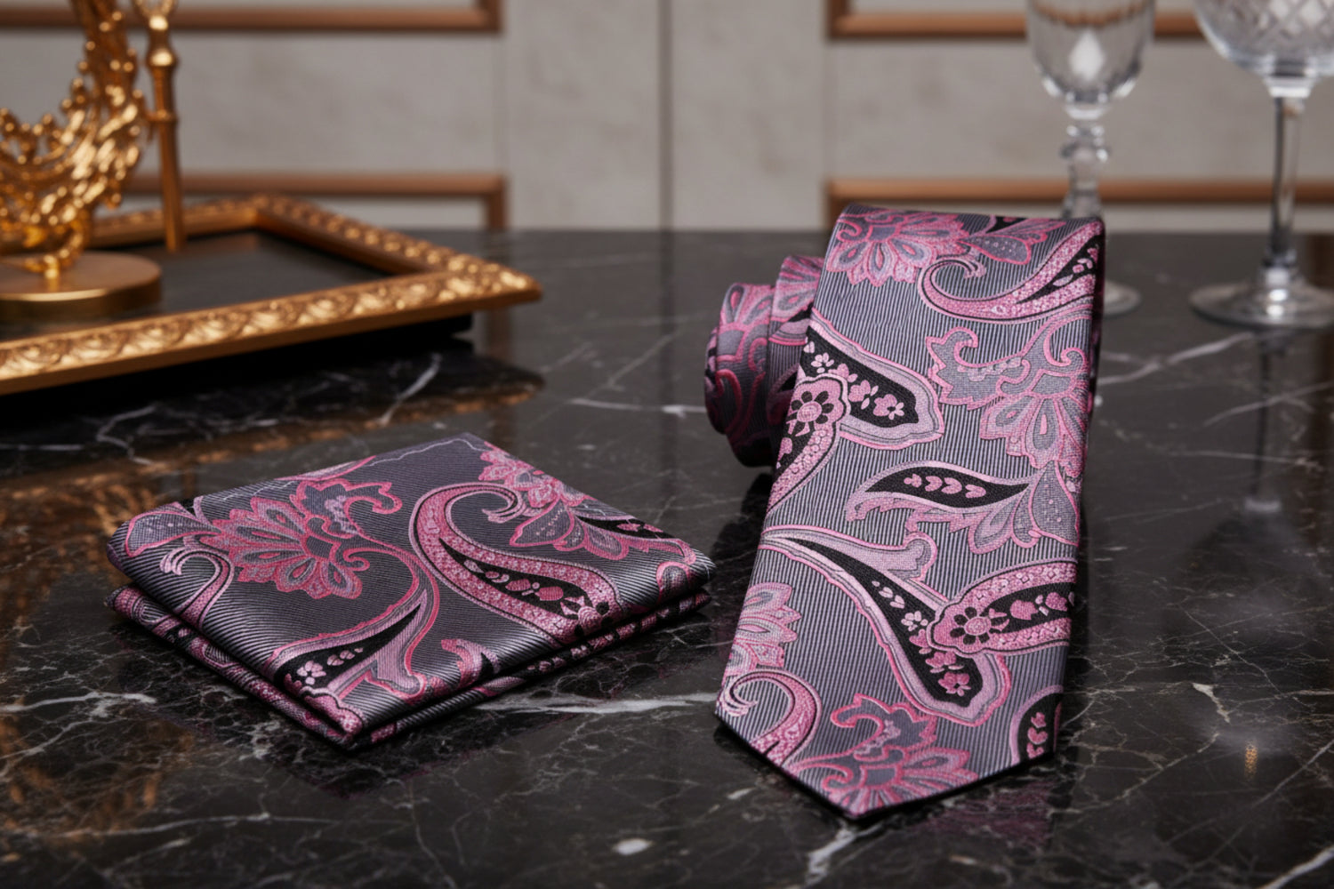 Pink, Silver and Black Paisley Tie and Matching Square