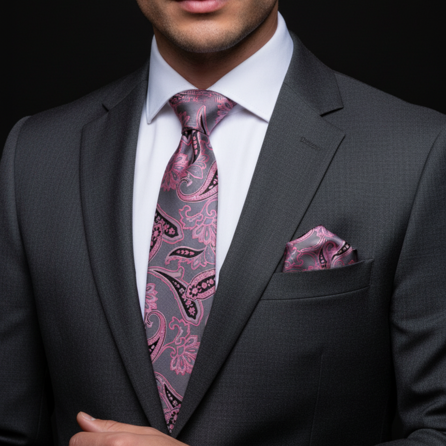 Paisley Pattern Necktie | Silver, Pink & Black