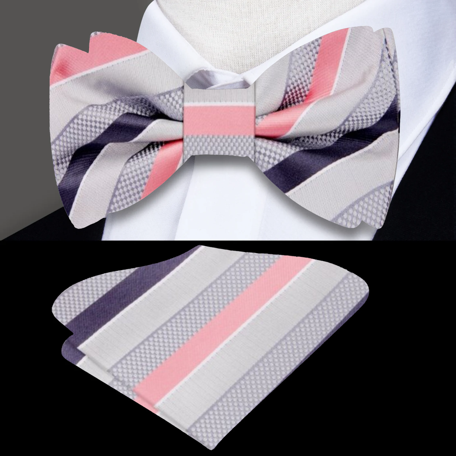 Shadow, Ice Grey, and Salmon Stripe Bow Tie and Pocket Square