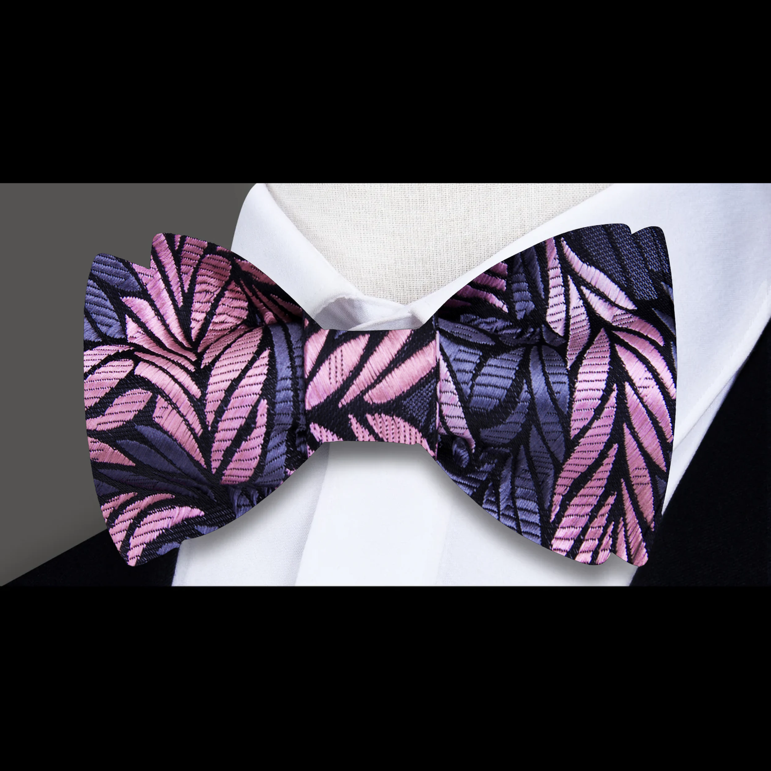 A Dark Grey, Pink Abstract Feather Self Tie Bow Tie 