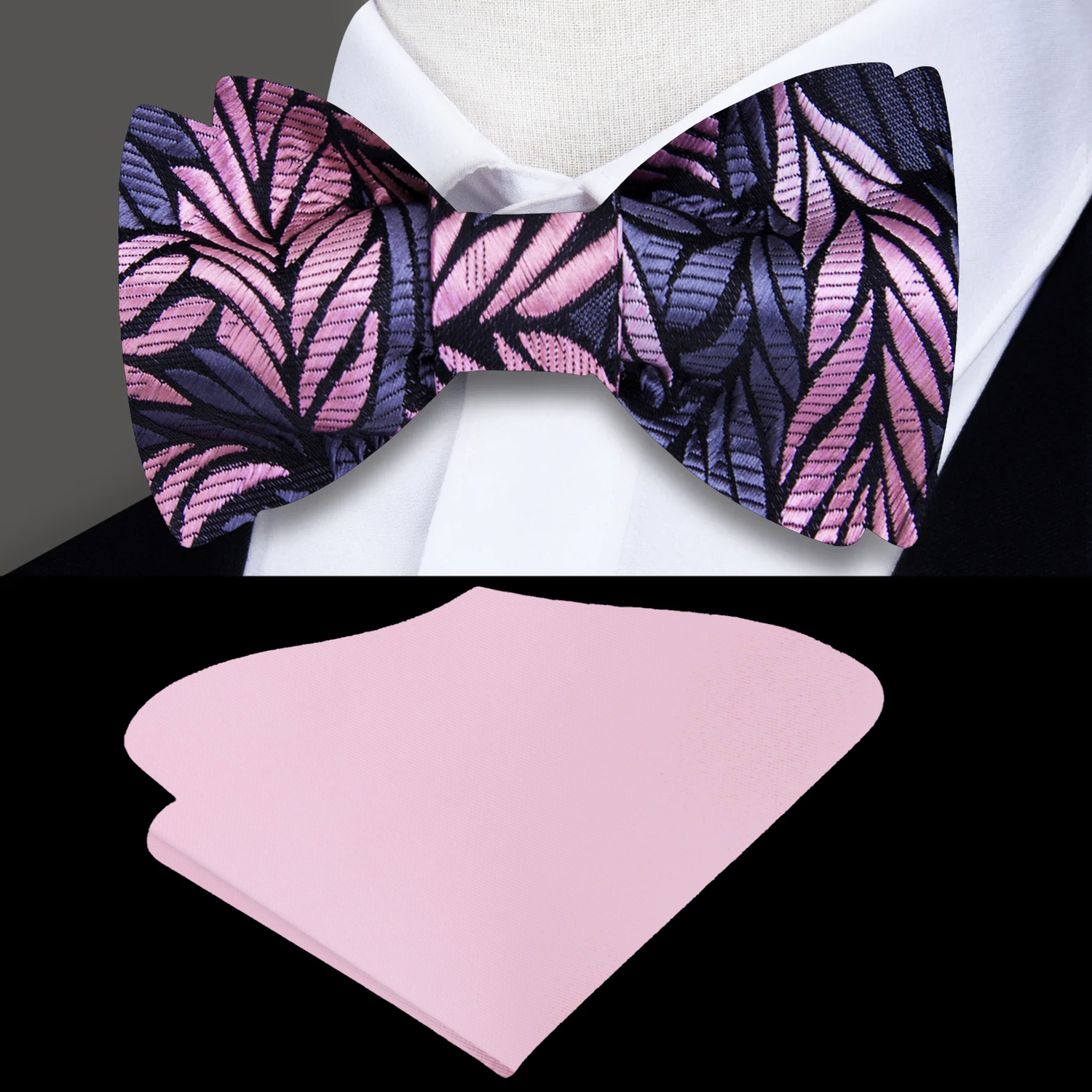 A Dark Grey, Pink Abstract Feather Self Tie Bow Tie, Pink Pocket Square