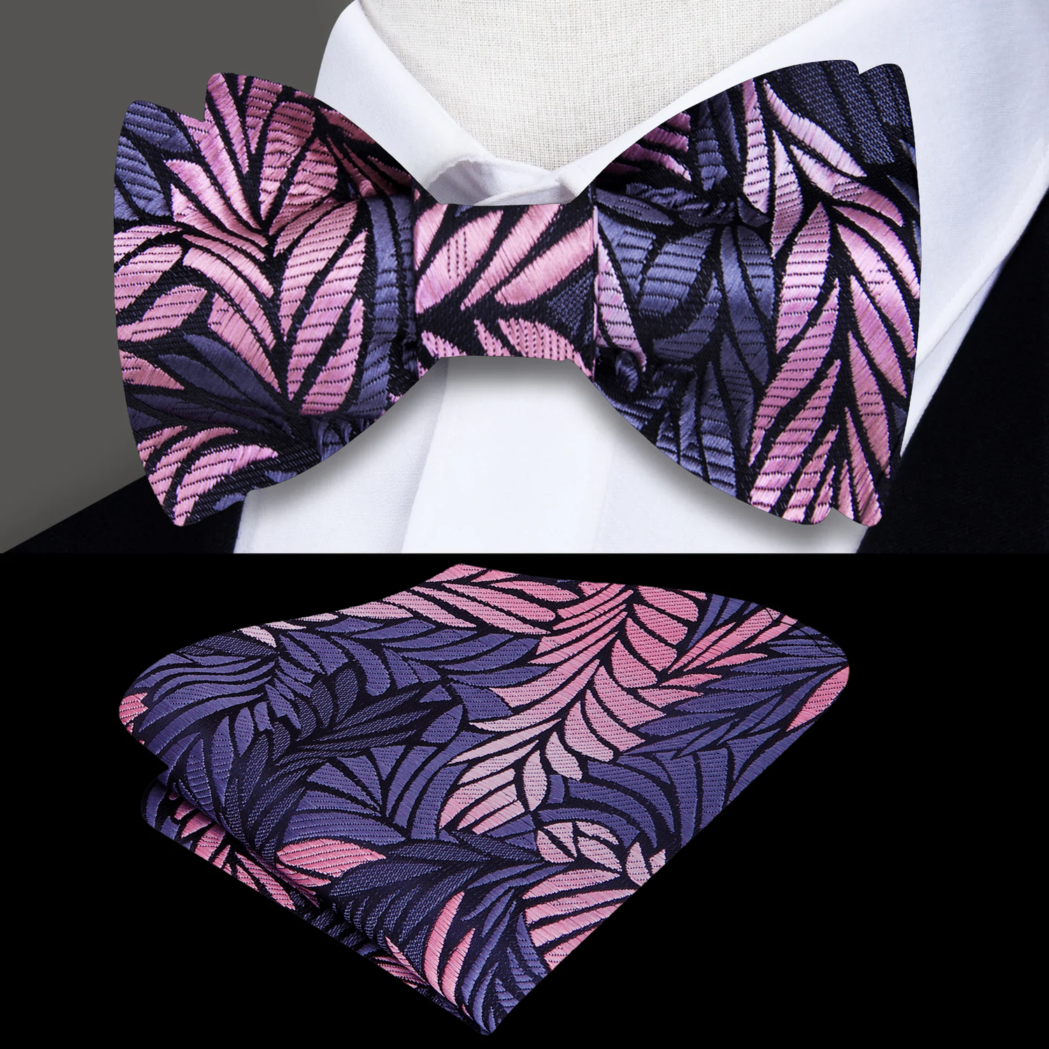 A Dark Grey, Pink Abstract Feather Self Tie Bow Tie, Matching Pocket Square