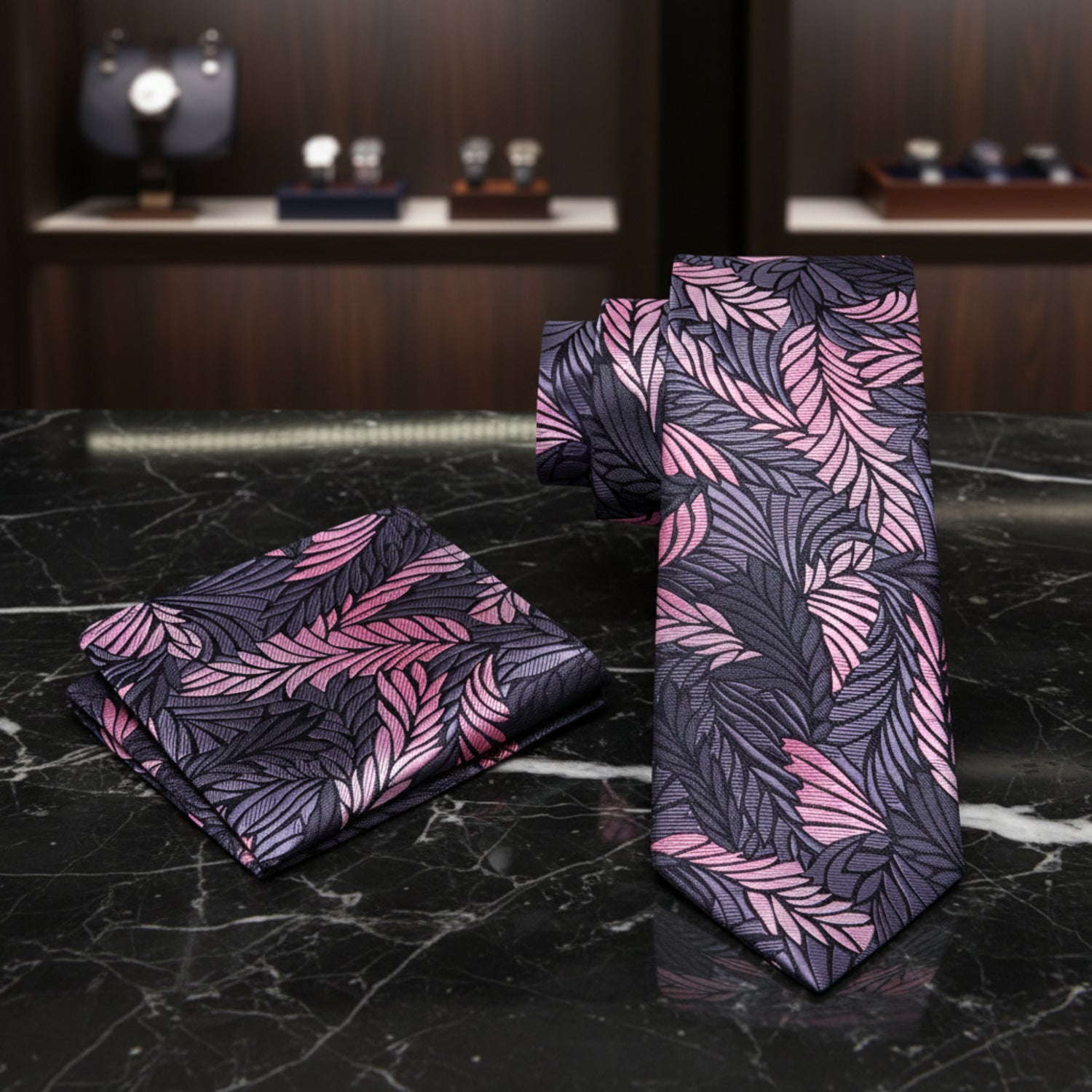 Alt View: Grey, Pink Feather Tie with Matching Square