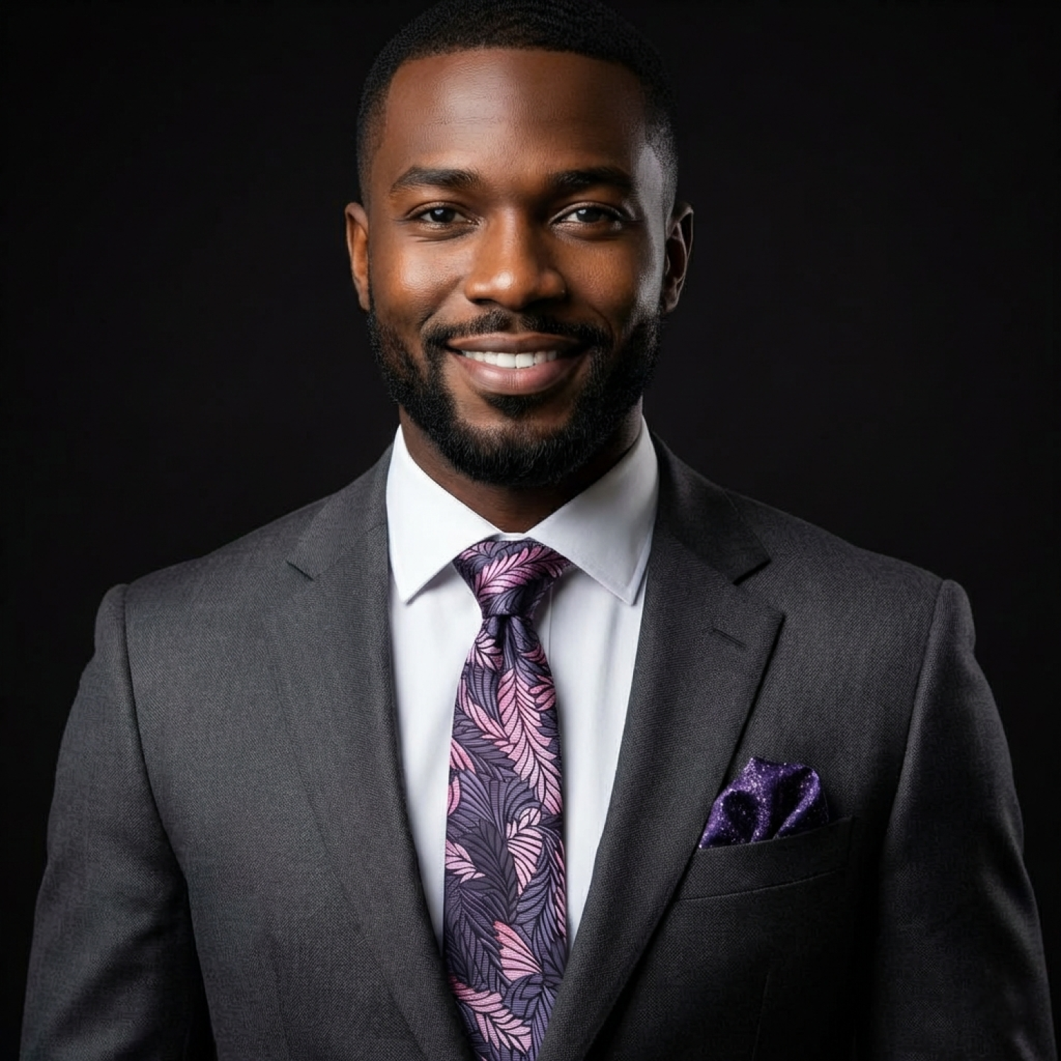 Man wearing a gray suit with a purple tie and pocket square on a black background