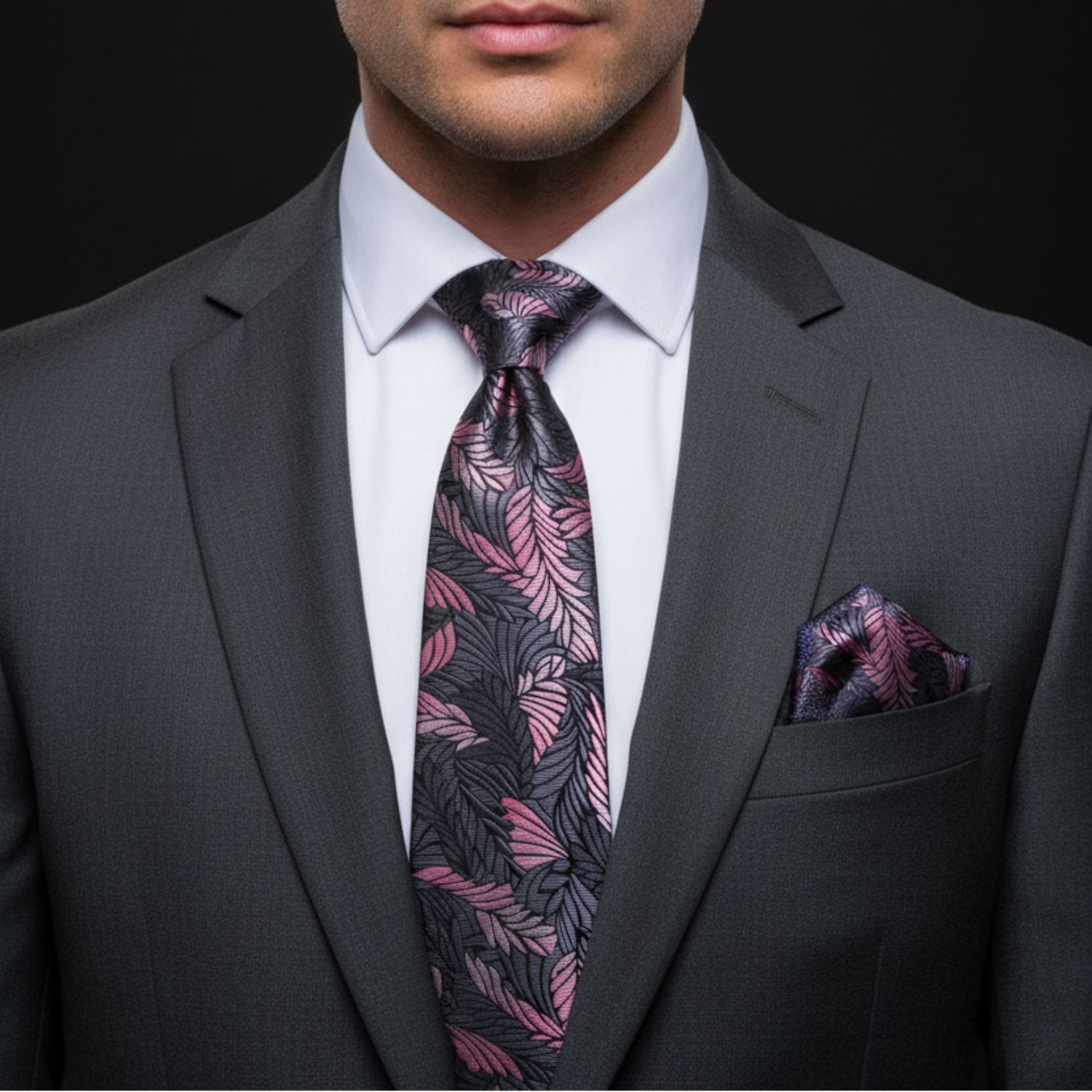 Man wearing a gray suit with a patterned pink and purple tie and pocket square.