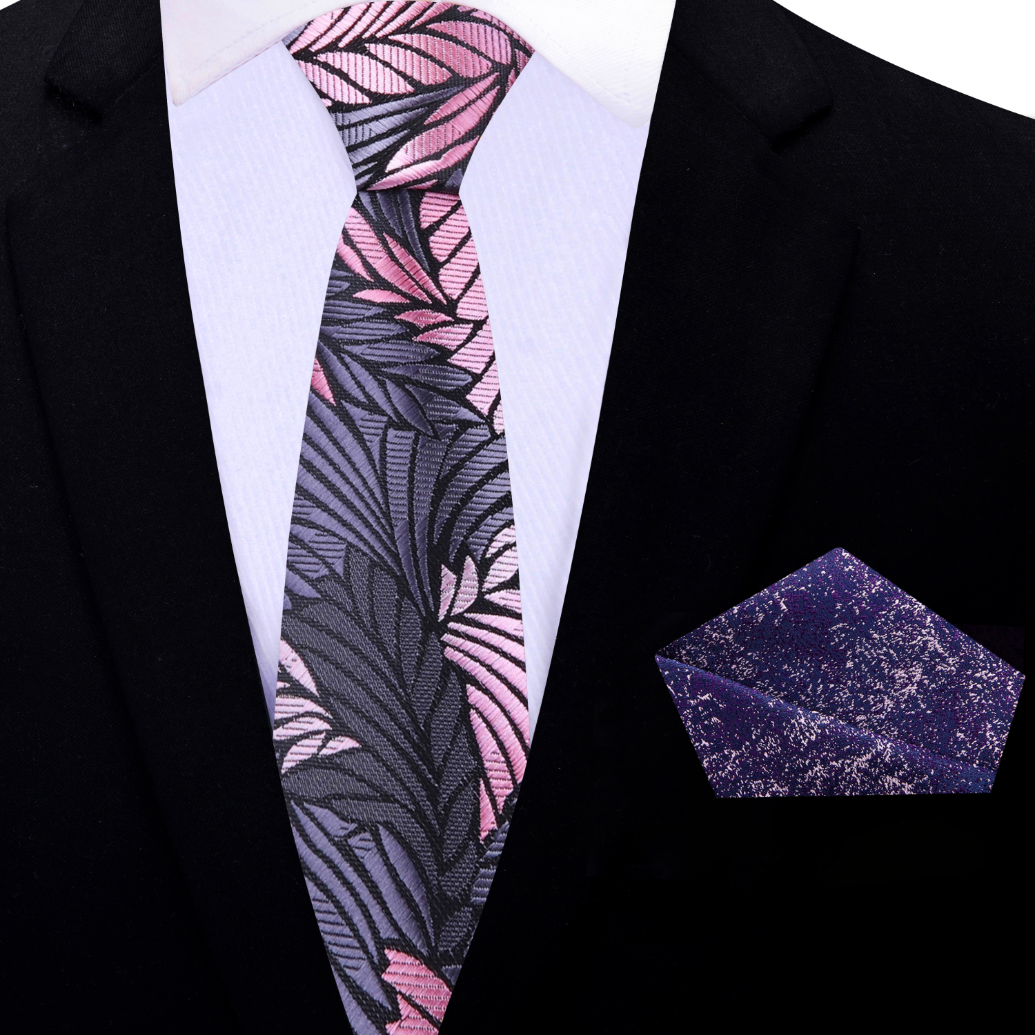 Thin Grey, Pink Feather Tie with Accenting Purple and Pink Square